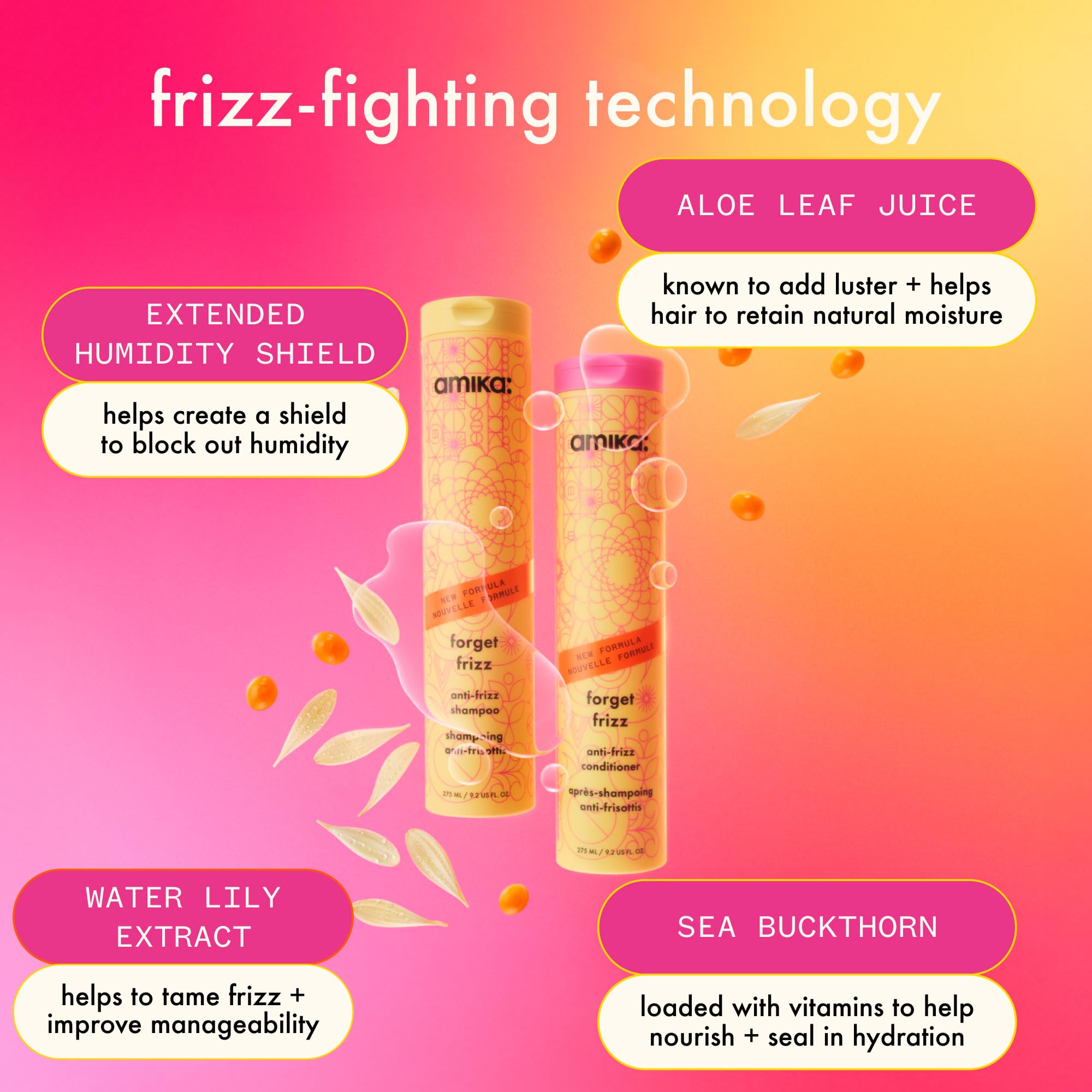 Aloe leaf juice in Forget Frizz Shampoo image emphasizes lightweight hydration