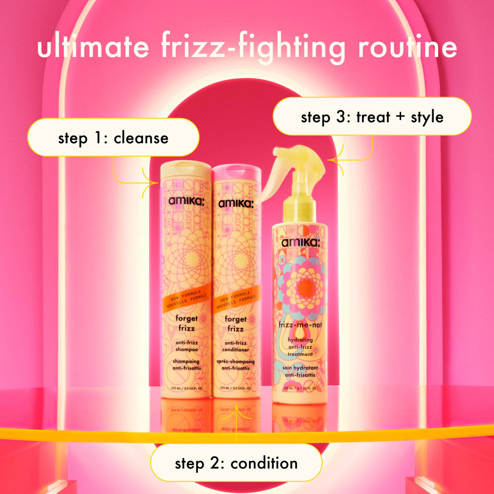 Back label of Forget Frizz Shampoo notes up to 72-hour frizz control
