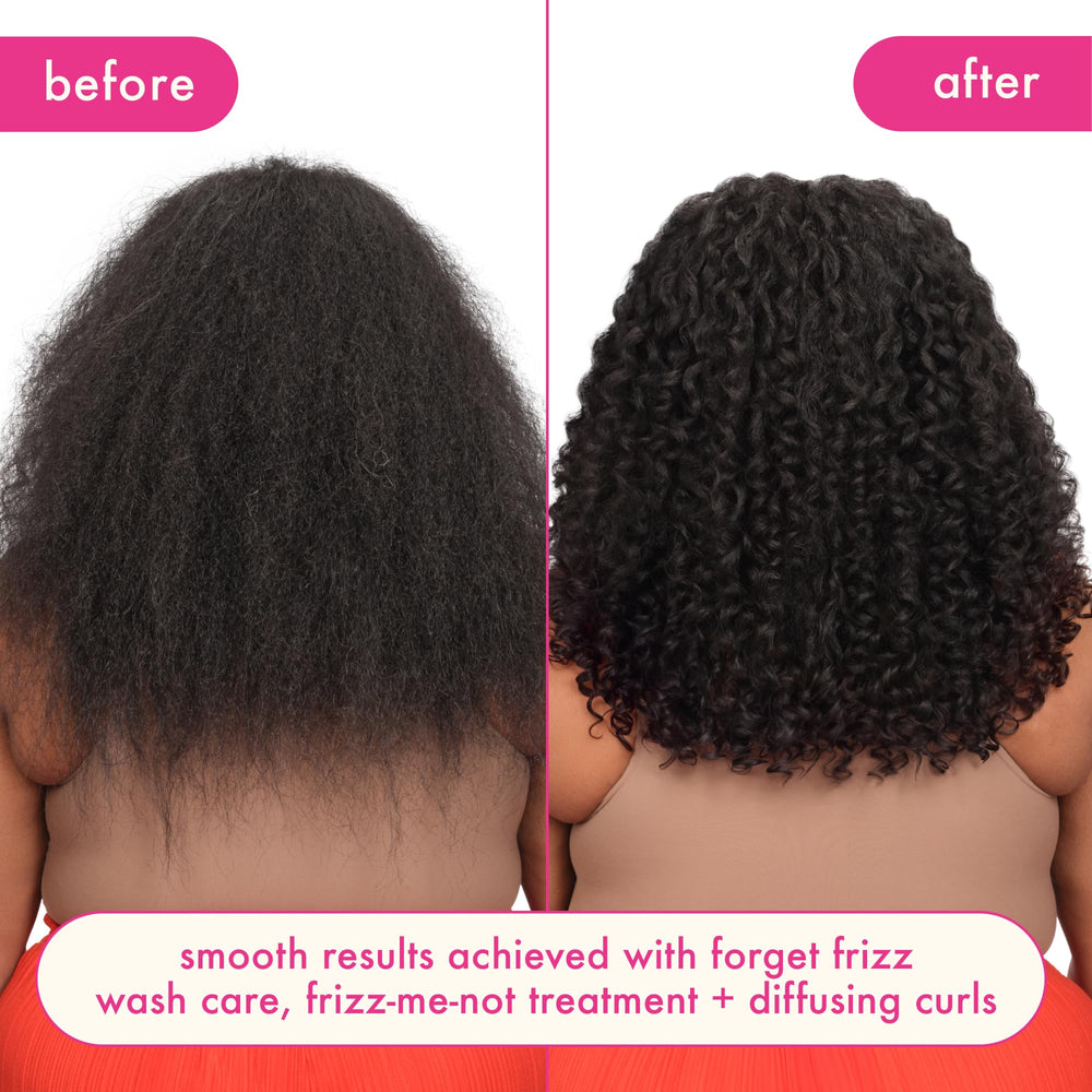 Hair before use shows frizz with Forget Frizz Shampoo
