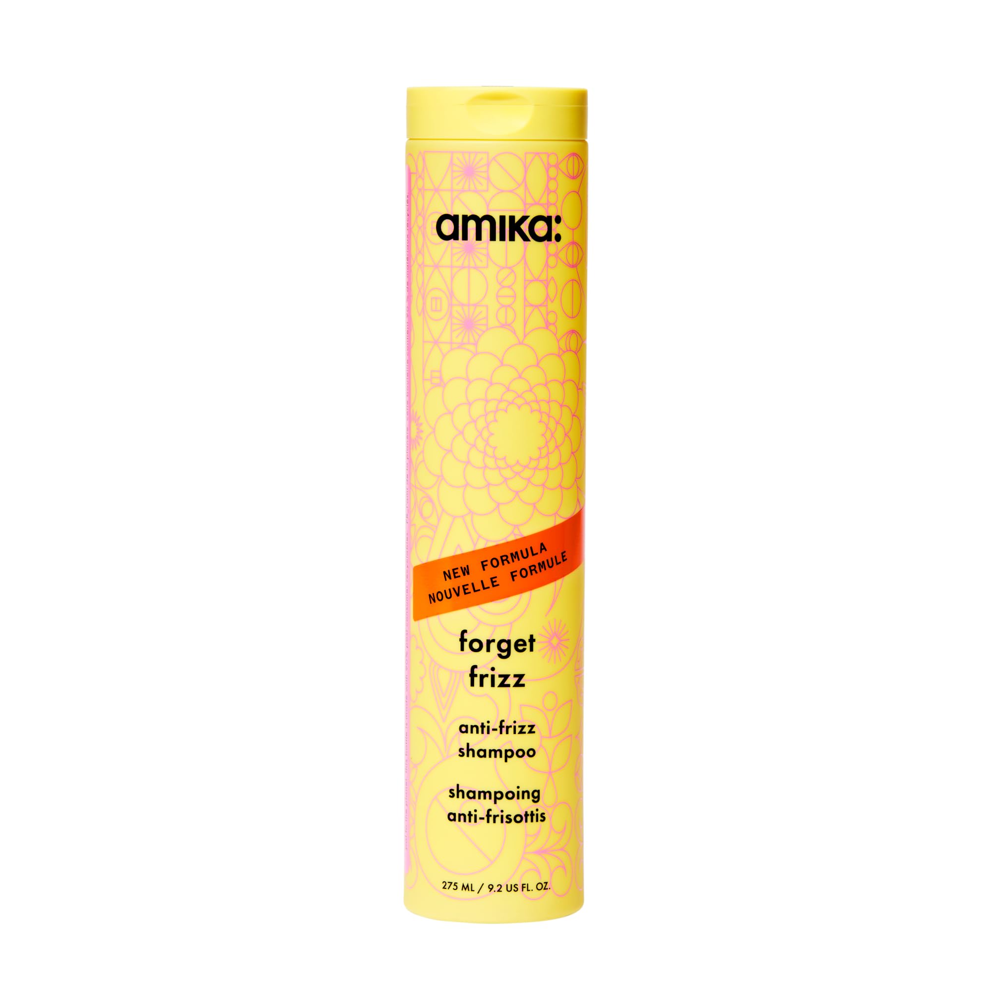 Amika Forget Frizz Shampoo bottle front showing sleek design and frizz protection