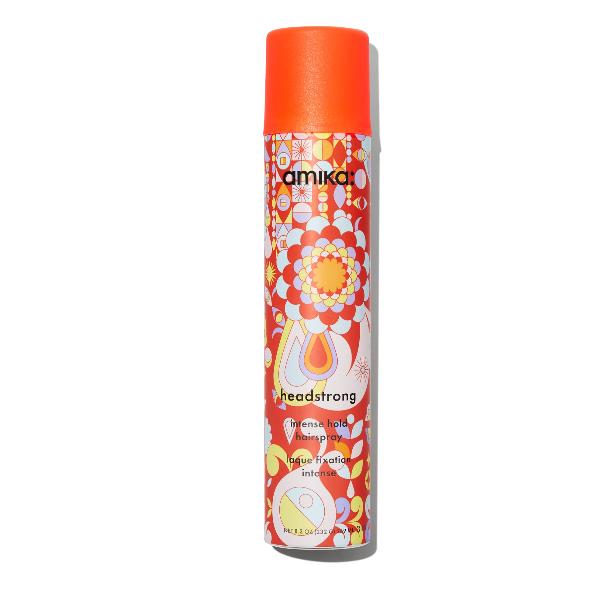 amika Headstrong hairspray bottle delivering fast, powerful hold with a flake-free finish.
