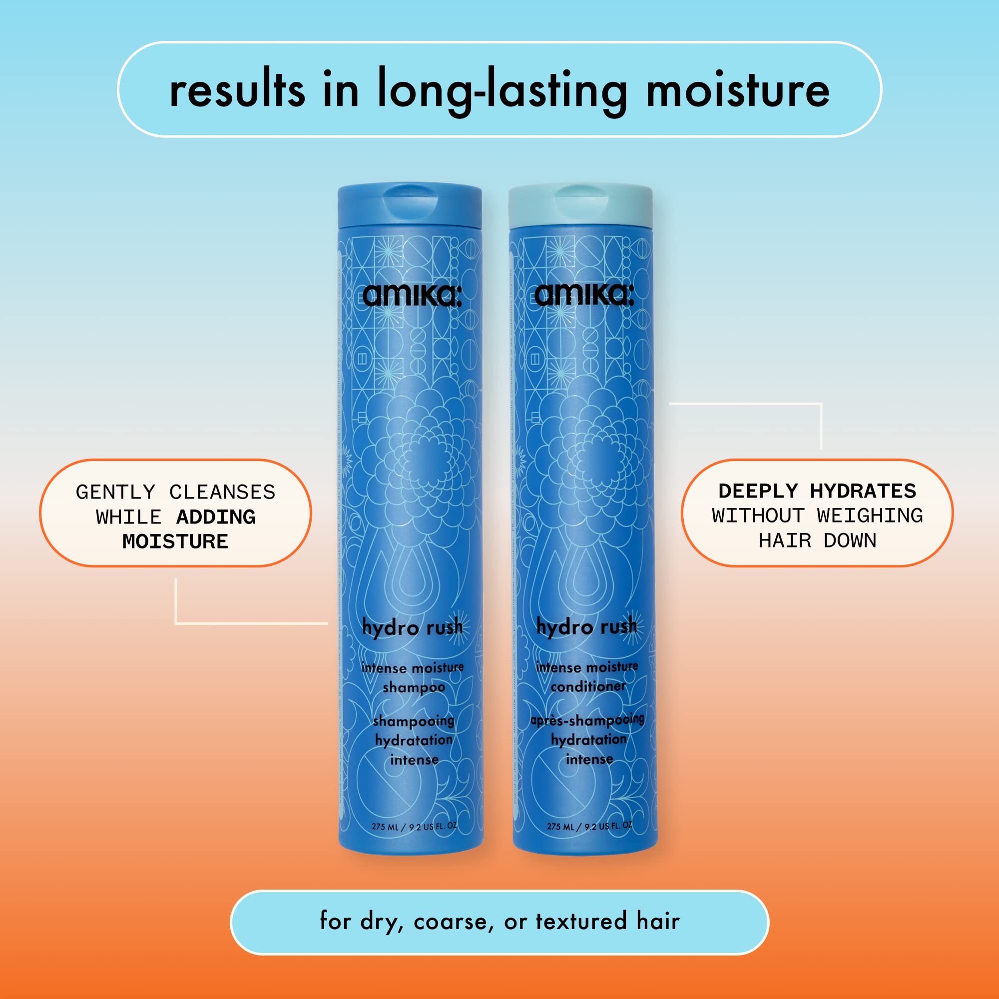 Amika Hydro Rush color-safe formula icon indicating keratin-safe care