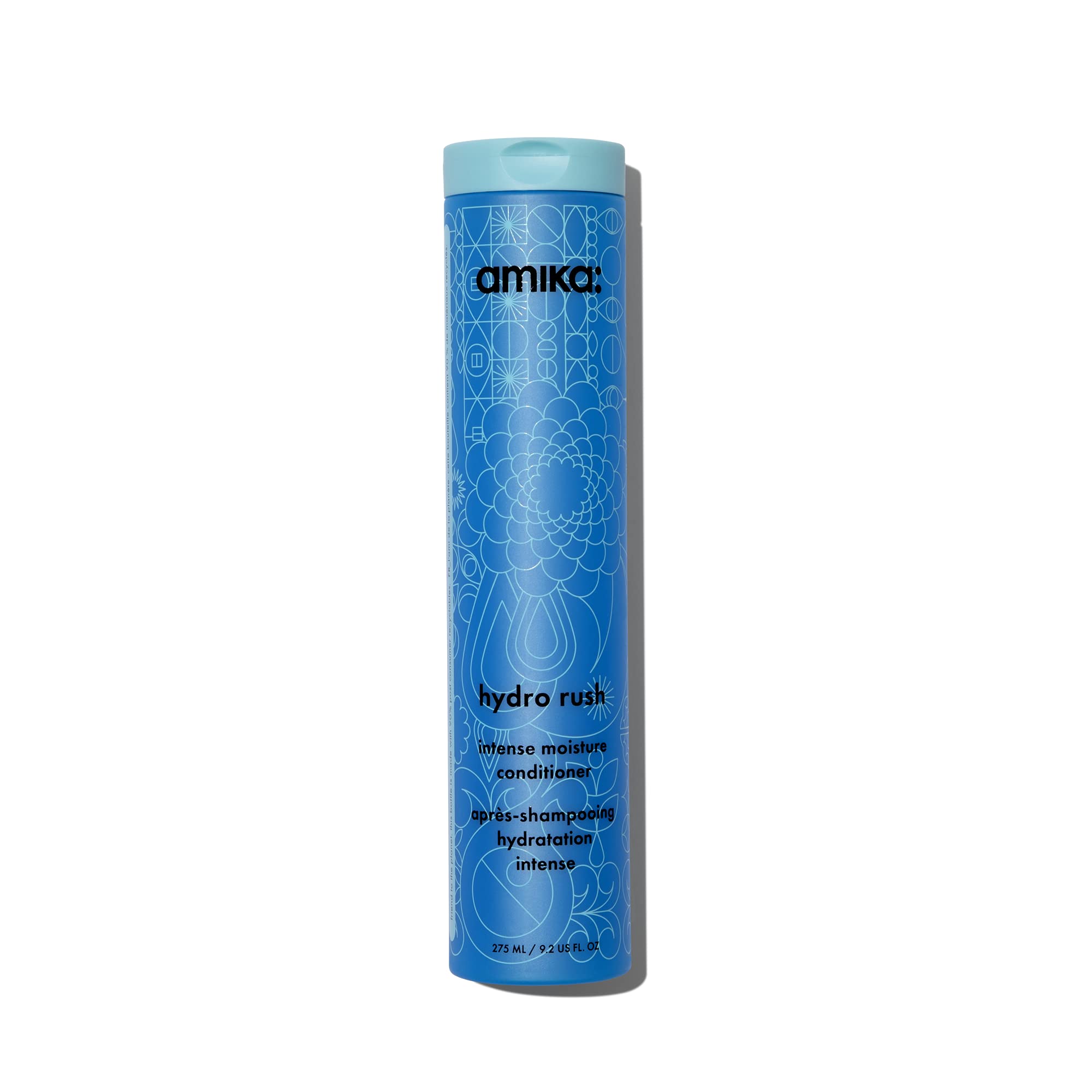Amika Hydro Rush conditioner bottle close-up highlighting deep hydration for dry hair