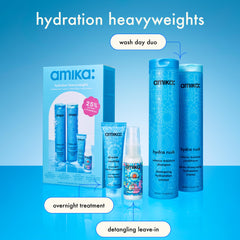 Amika Hydro Rush Conditioner bottle front highlighting moisture and detangling.