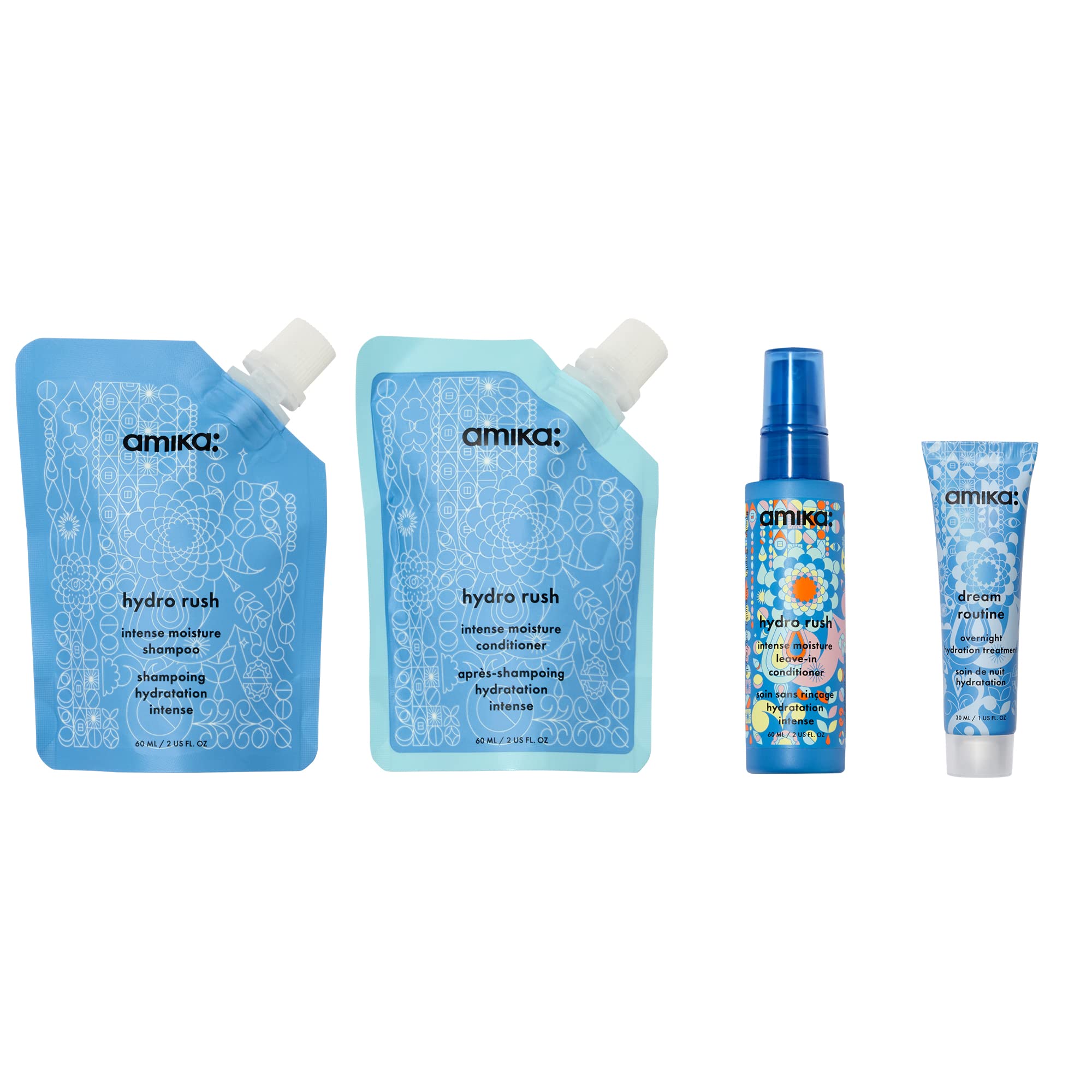 Amika hydro rush conditioner bottle, seals moisture for extended hydration and smooths hair.