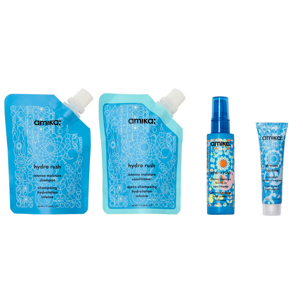 Amika hydro rush conditioner bottle, seals moisture for extended hydration and smooths hair.