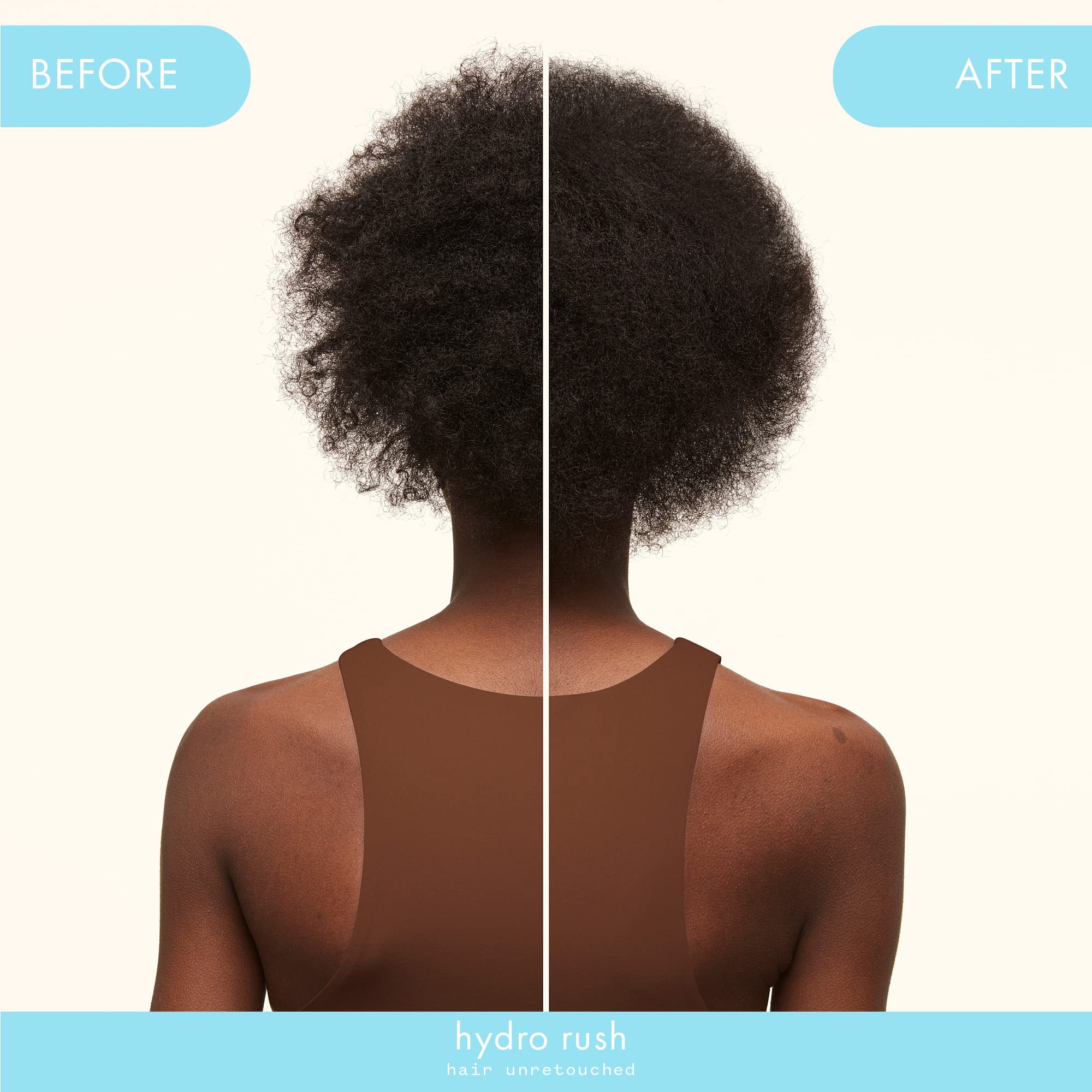 Amika Hydro Rush hair hydration splash displaying soft, shiny strands