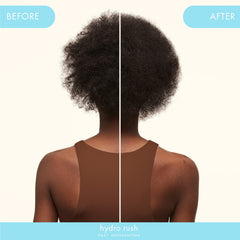 Amika Hydro Rush hair hydration splash displaying soft, shiny strands