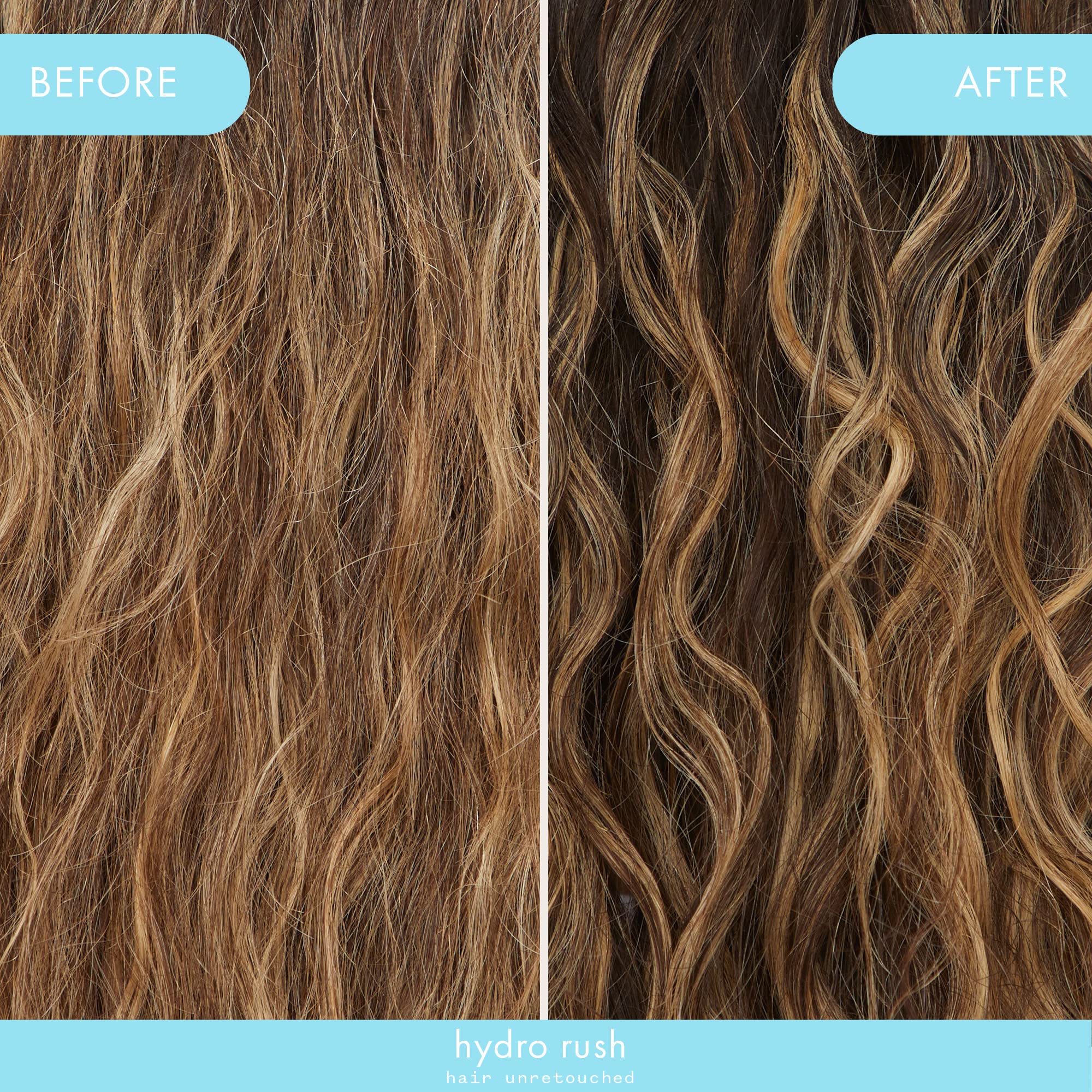 Amika Hydro Rush formula with hyaluronic acid droplets delivering moisture.