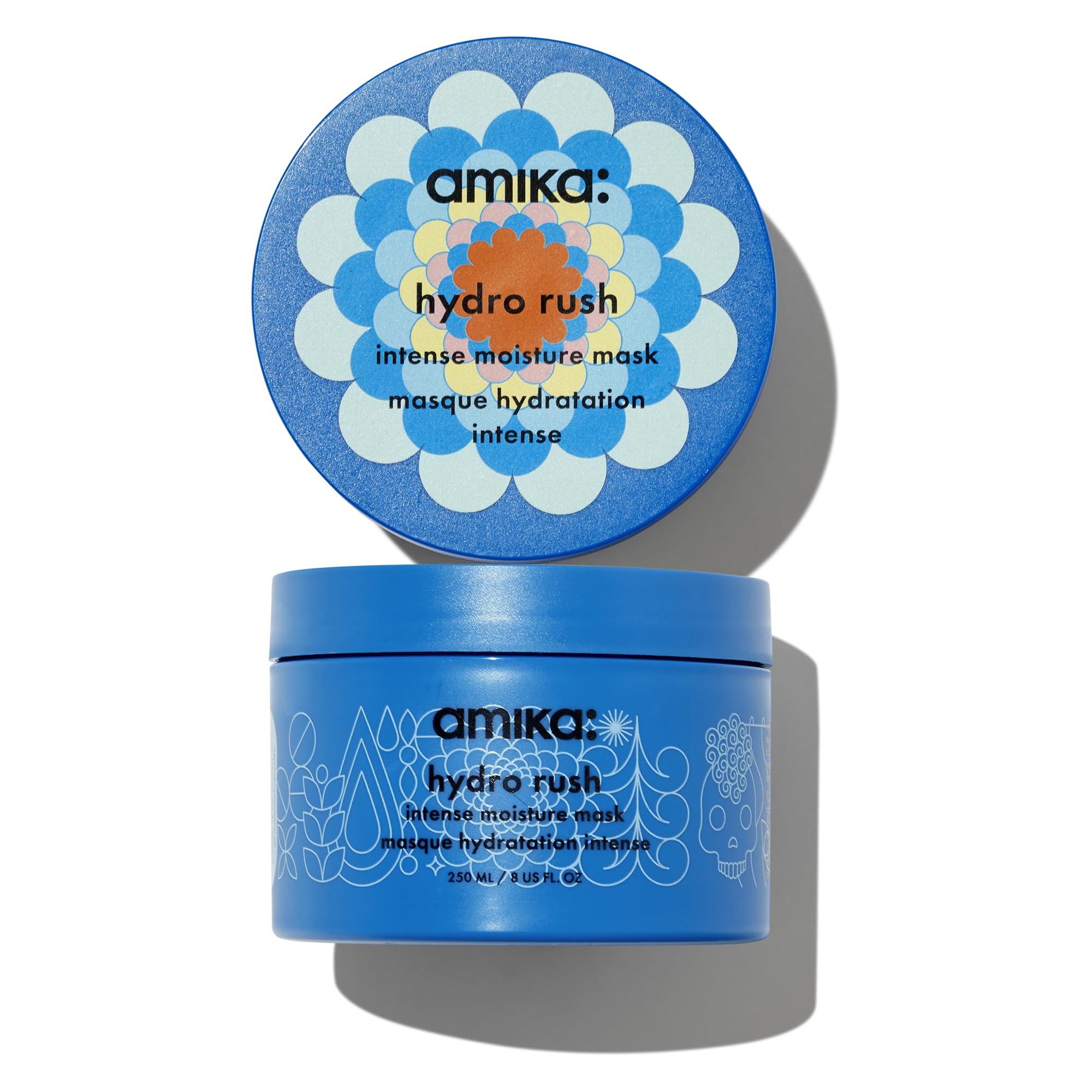 Amika Hydro Rush Intense Moisture Mask tub shows rich whipped formula for lasting hydration.