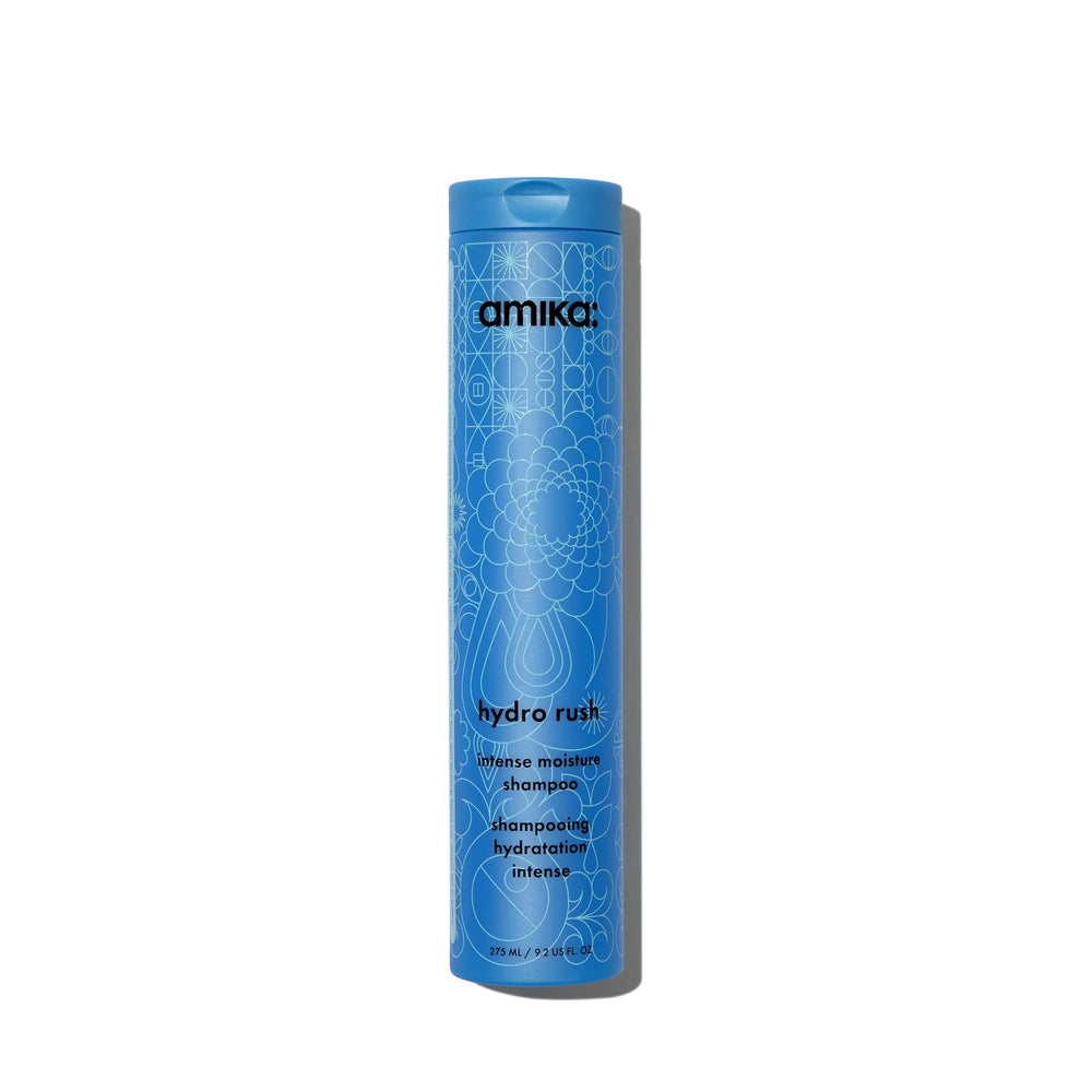 Amika Hydro Rush Intense Moisture Shampoo bottle provides daily hydration for dry hair.
