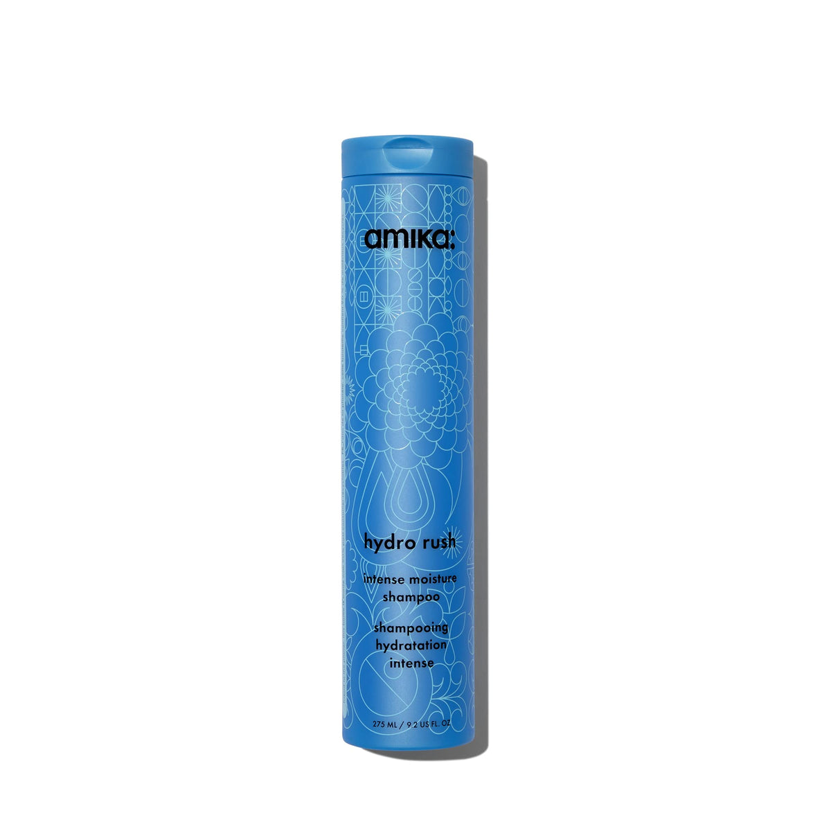 Amika Hydro Rush Intense Moisture Shampoo bottle provides daily hydration for dry hair.