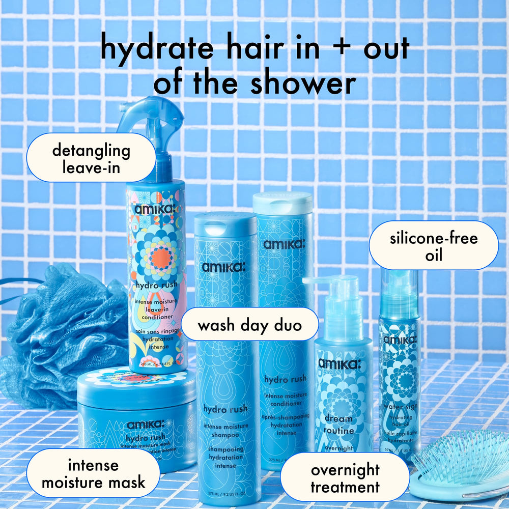 Hyaluronic acid emblem shown on Amika Hydro Rush packaging.
