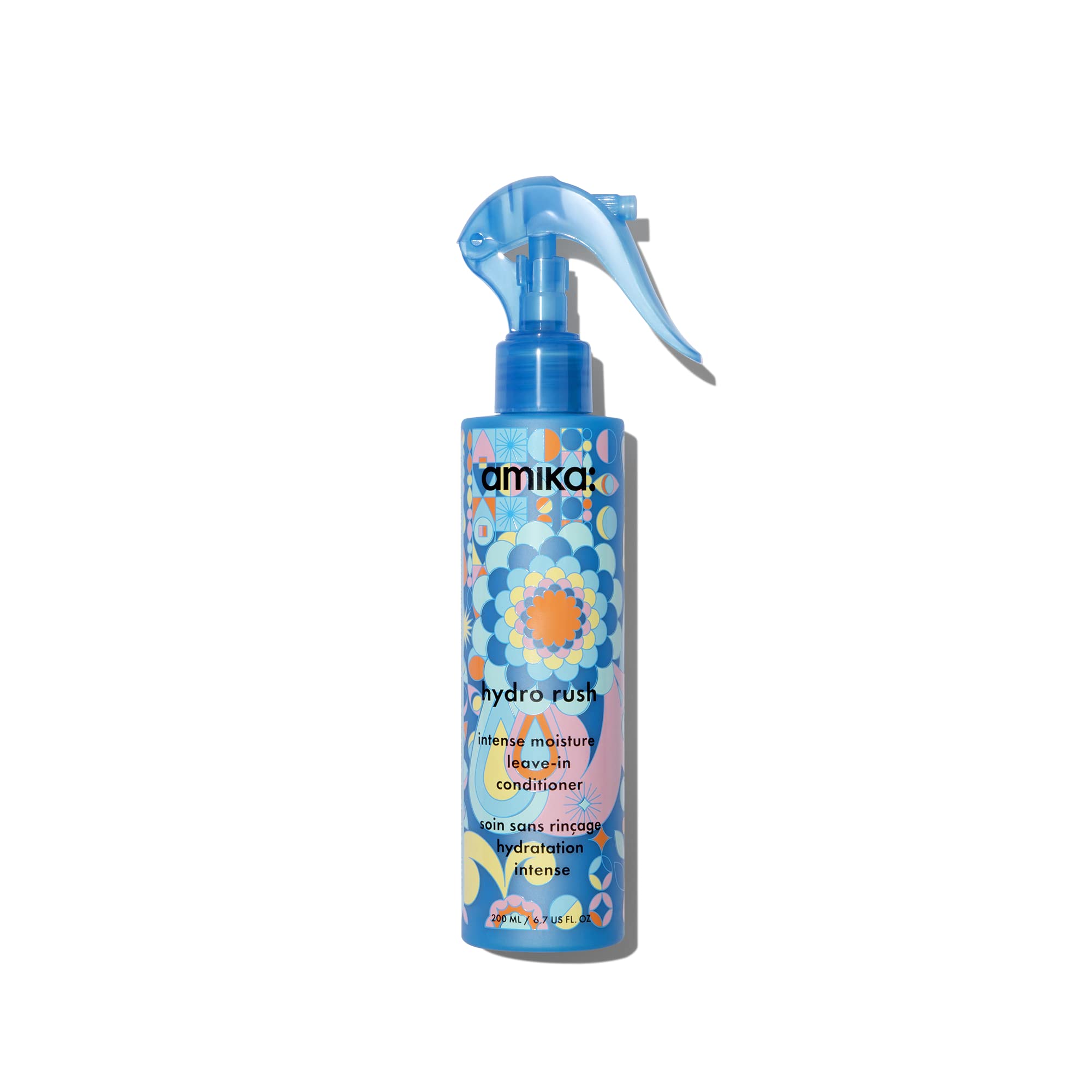Amika Hydro Rush leave-in bottle close-up delivering intense hydration for all hair types.
