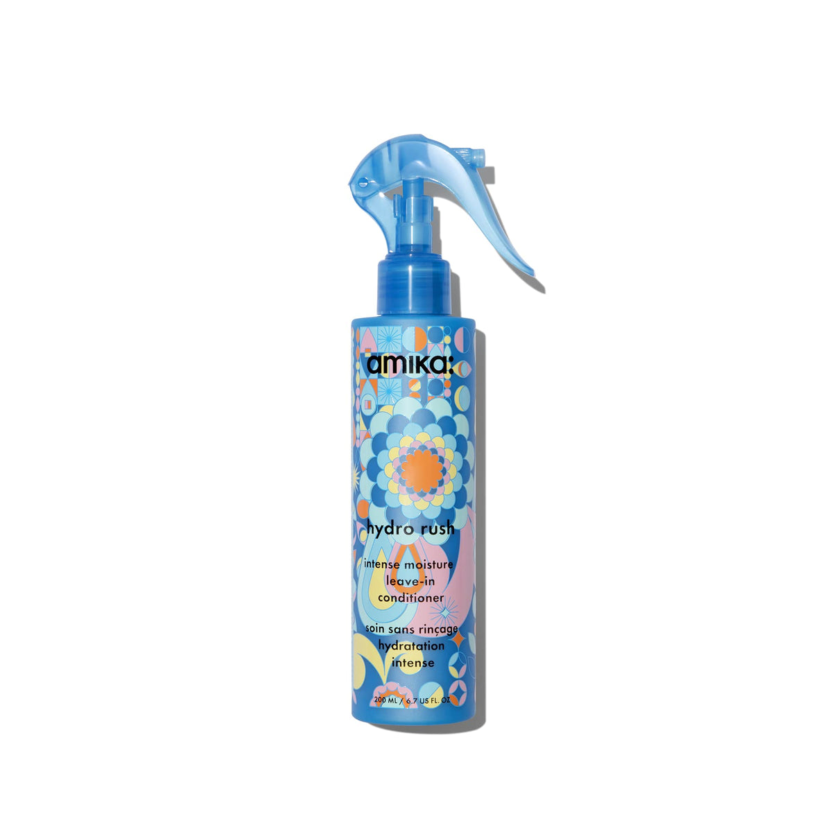 Amika Hydro Rush leave-in bottle close-up delivering intense hydration for all hair types.