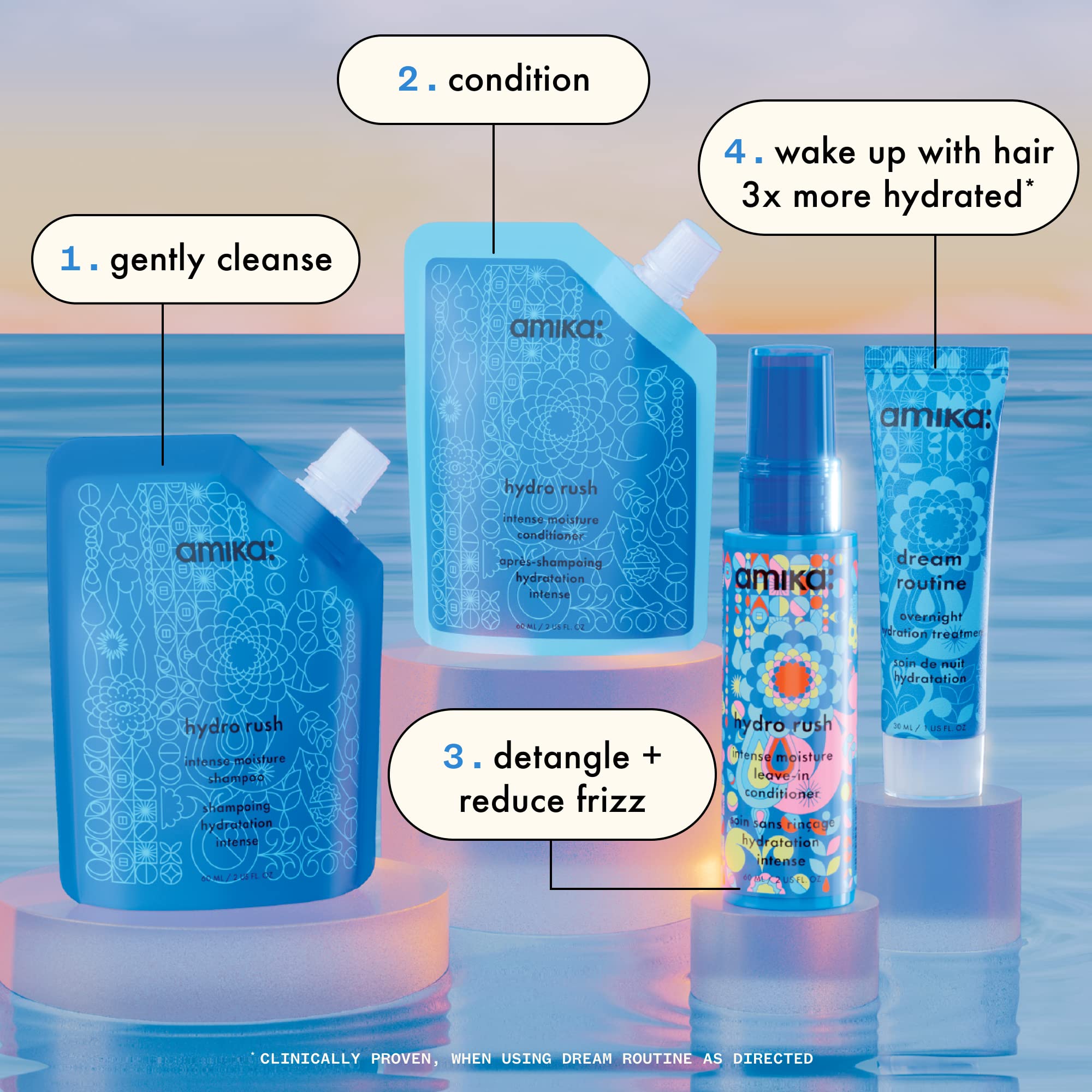 Amika hydro rush leave-in conditioner tube, detangles and reduces frizz while boosting hydration.