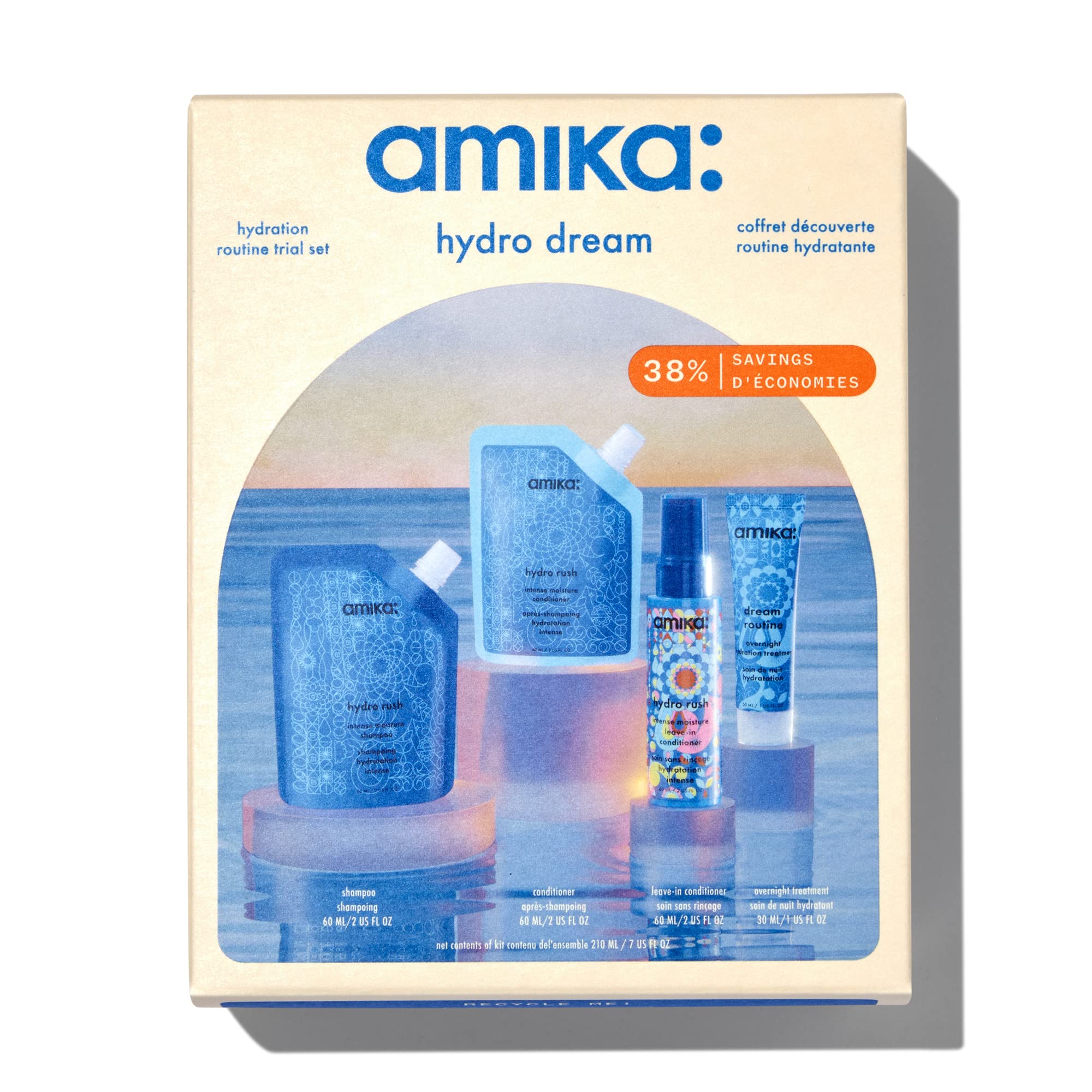 Amika hydro rush shampoo bottle visible, delivers lasting moisture and a gentle cleanse.