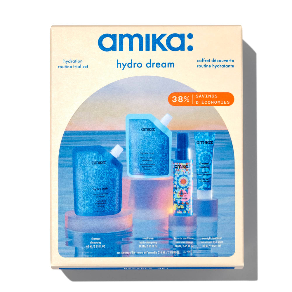 Amika hydro rush shampoo bottle visible, delivers lasting moisture and a gentle cleanse.