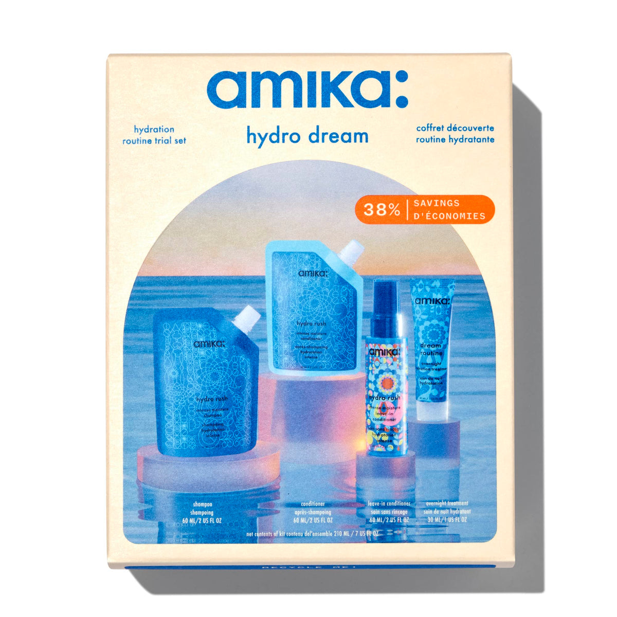 Amika hydro rush shampoo bottle visible, delivers lasting moisture and a gentle cleanse.