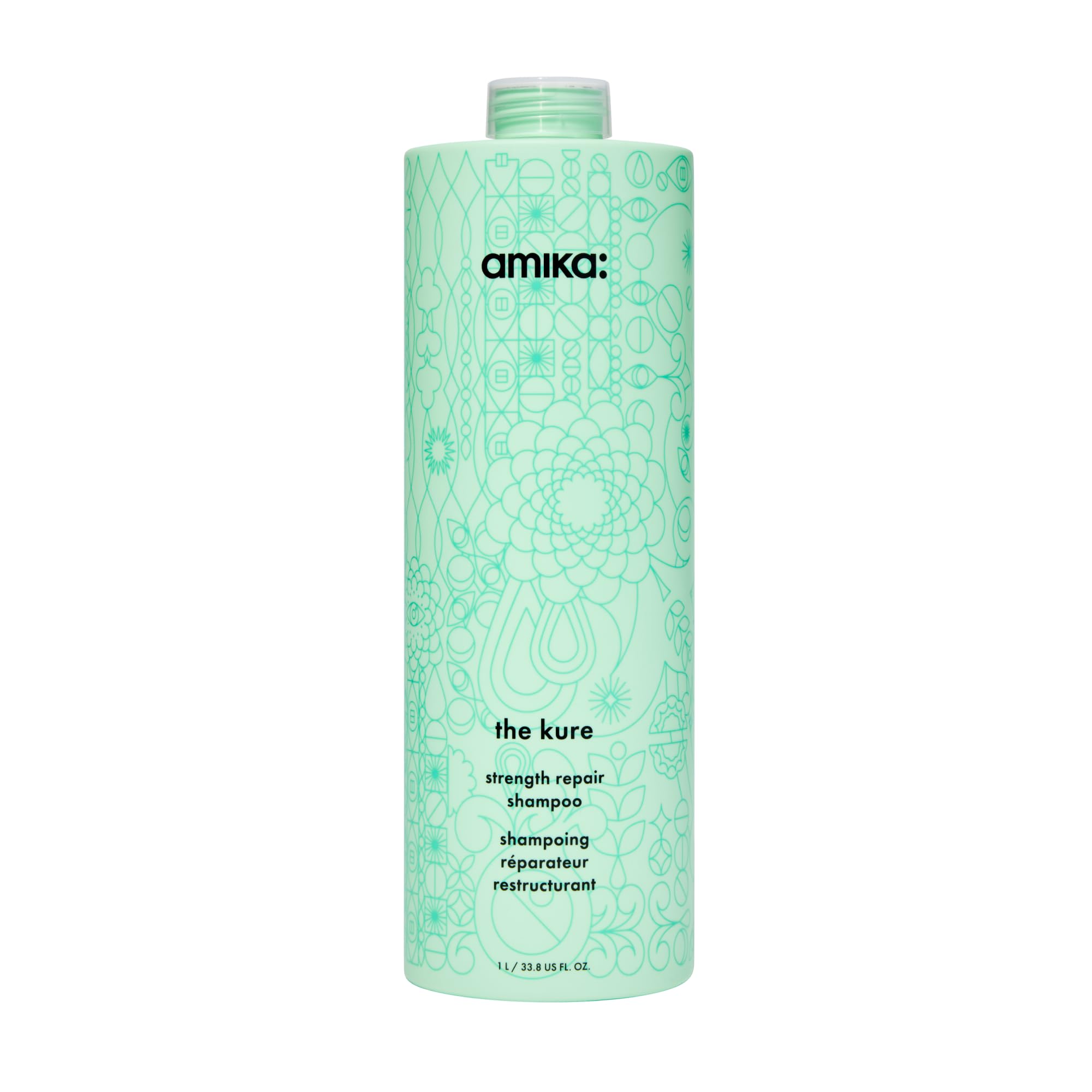 Amika The Kure Strength Repair Shampoo bottle close-up highlighting bond fortifying formula for stronger hair