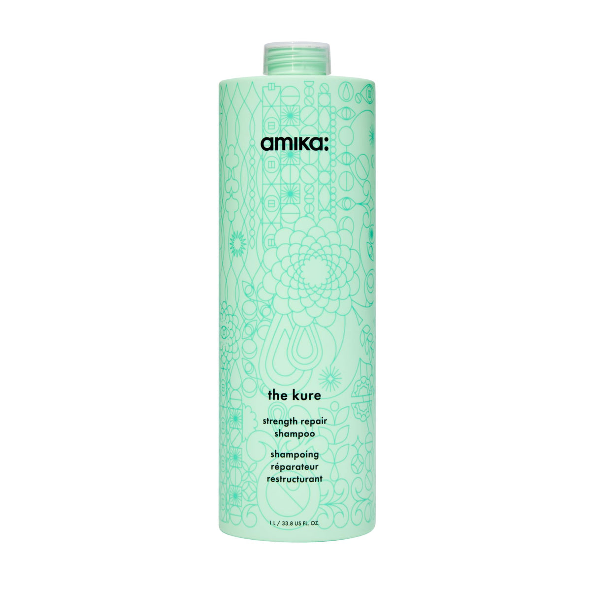 Amika The Kure Strength Repair Shampoo bottle close-up highlighting bond fortifying formula for stronger hair