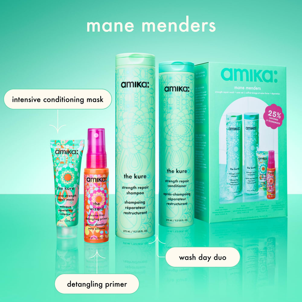Amika Mane Menders Strength Repair Conditioner tube provides conditioning for softness and shine.