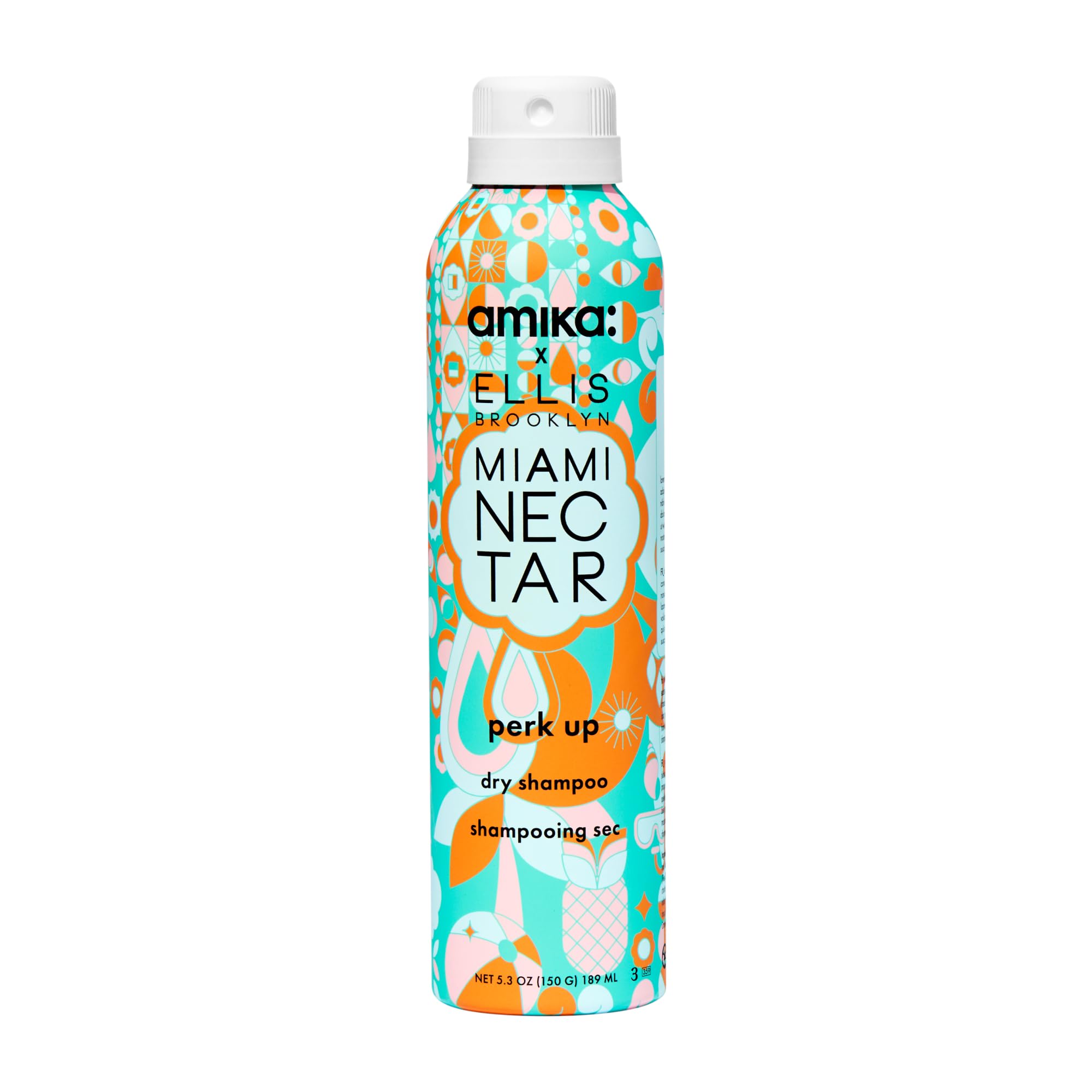 Amika Miami Nectar Dry Shampoo bottle refreshes roots with tropical scent.