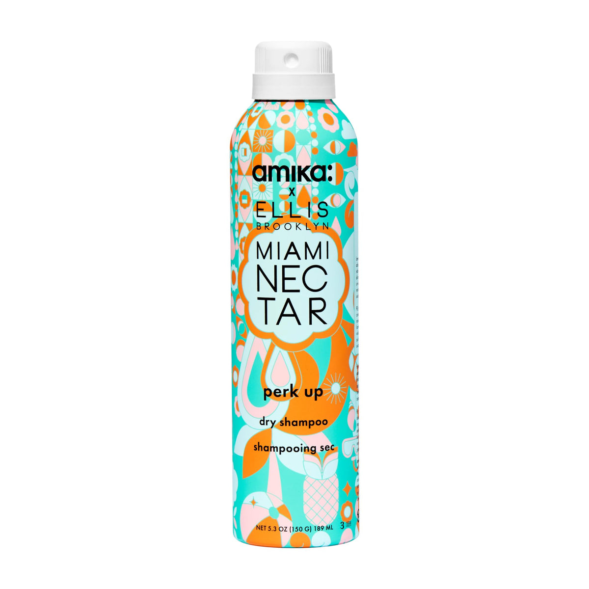 Amika Miami Nectar Dry Shampoo bottle refreshes roots with tropical scent.