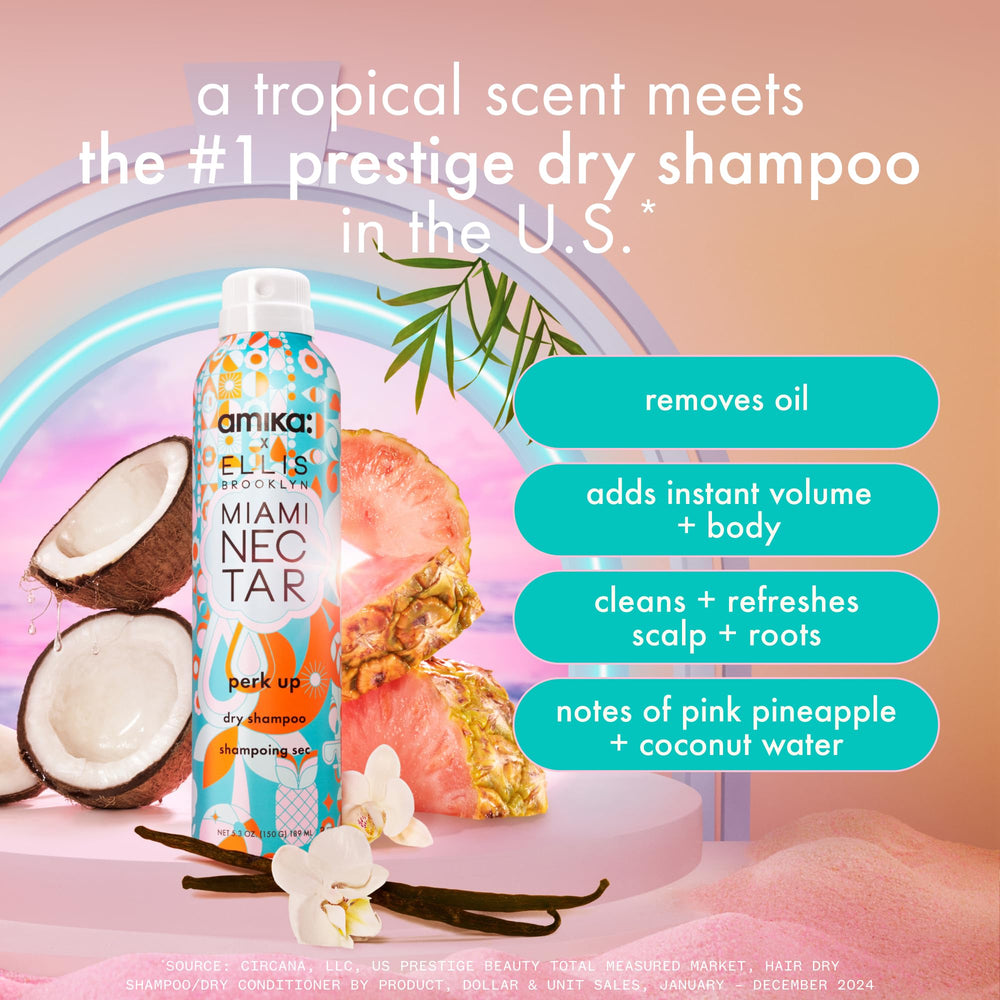 Amika Miami Nectar spray-action nozzle delivers quick refresh for hair.