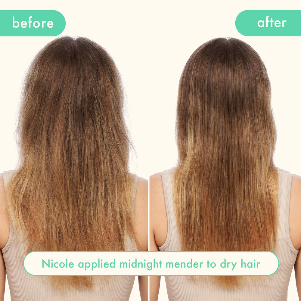 Amika Midnight Mender reflection in mirror suggests healthier-looking hair.