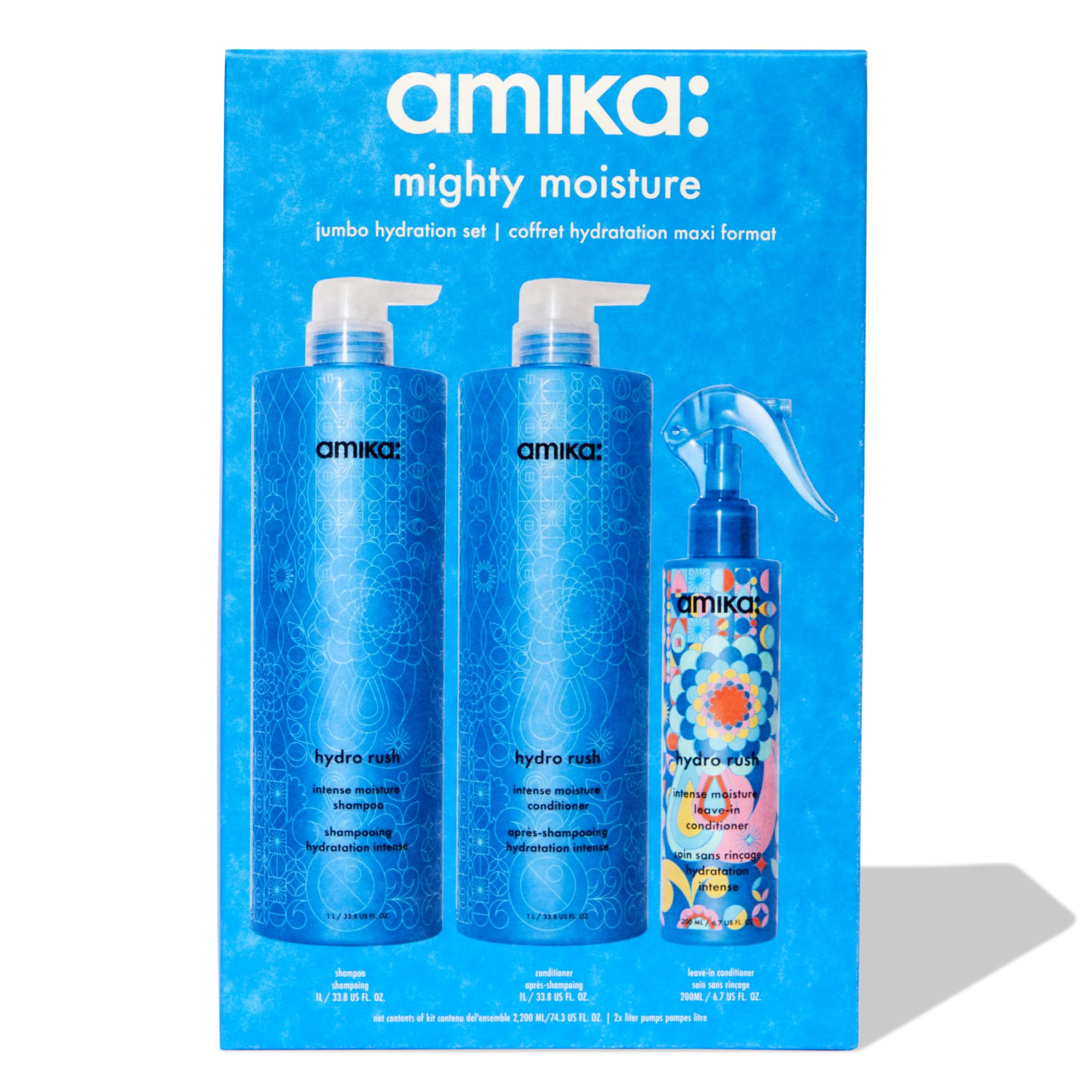 Amika Mighty Moisture Jumbo Set leave-in conditioner for long-lasting moisture and detangling.