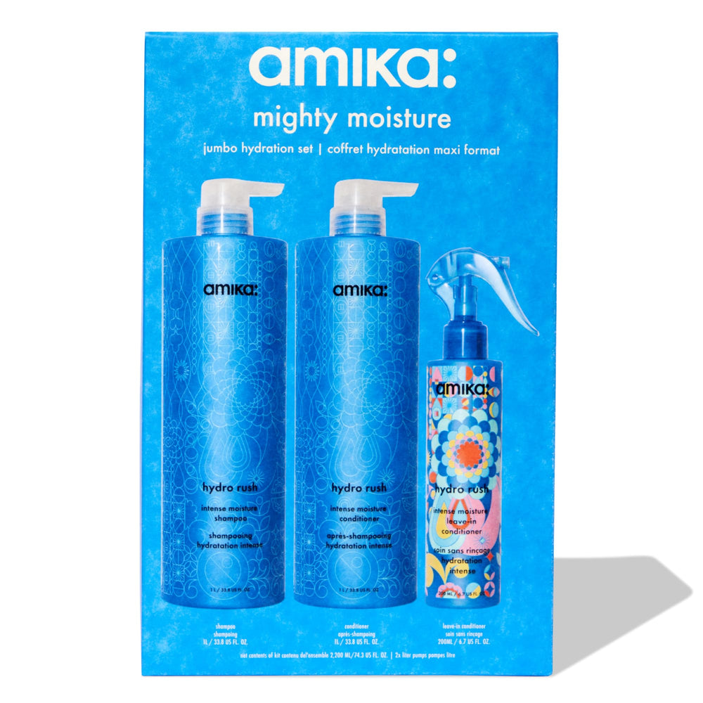 Amika Mighty Moisture Jumbo Set leave-in conditioner for long-lasting moisture and detangling.