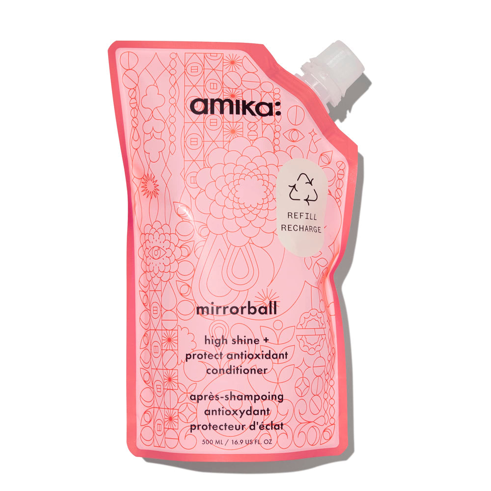 Amika Mirrorball high shine conditioner bottle highlighting glossy results