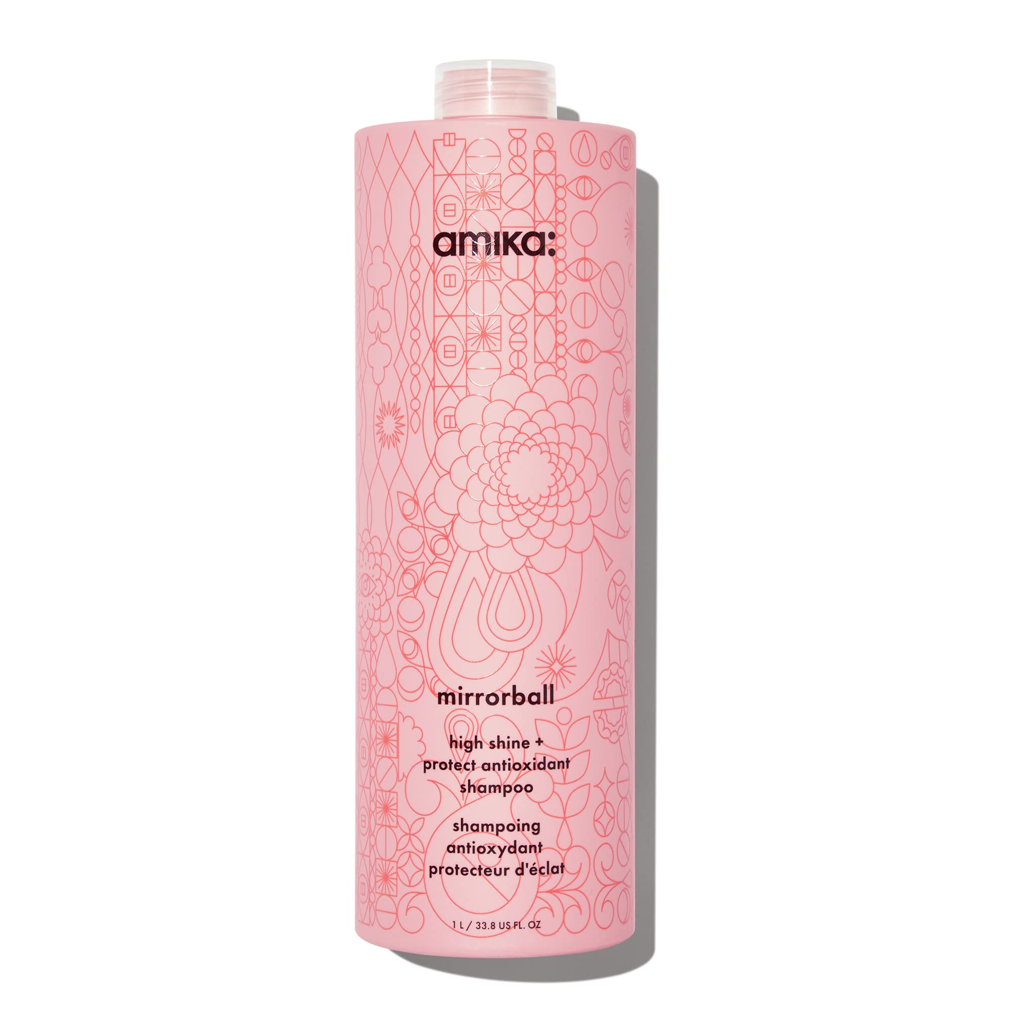 amika Mirrorball High Shine + Protect Shampoo bottle front boosts radiant shine