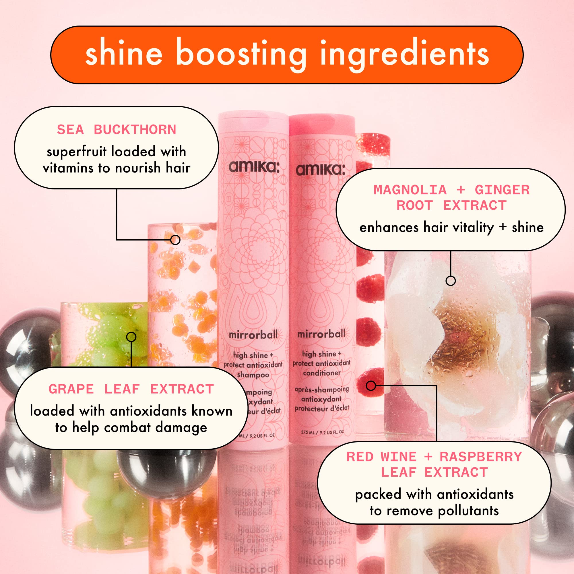 amika Mirrorball High Shine + Protect Shampoo glossy hair close-up catches light