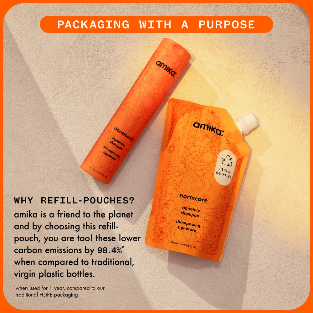amika Normcore Signature Conditioner lifestyle shot with hair care routine and soft glow