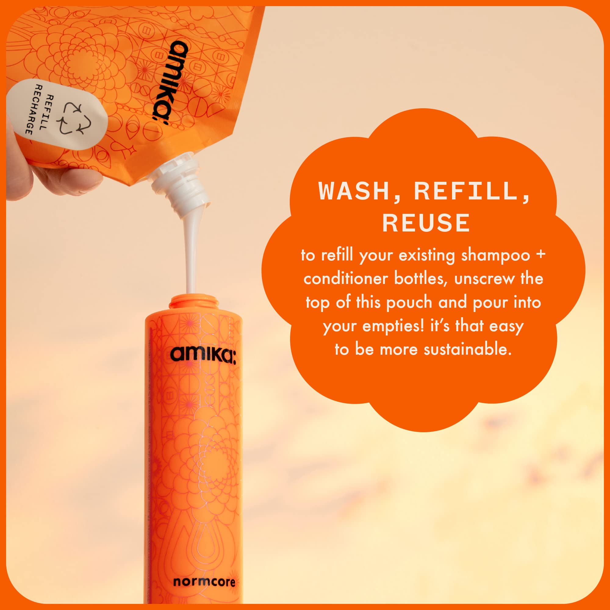 Amika Normcore Signature Shampoo angled bottle conveys easy daily use