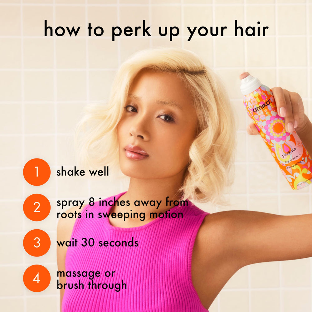 Amika Perk Up champú seco sin talco, devuelve volumen y cuerpo al cabello.