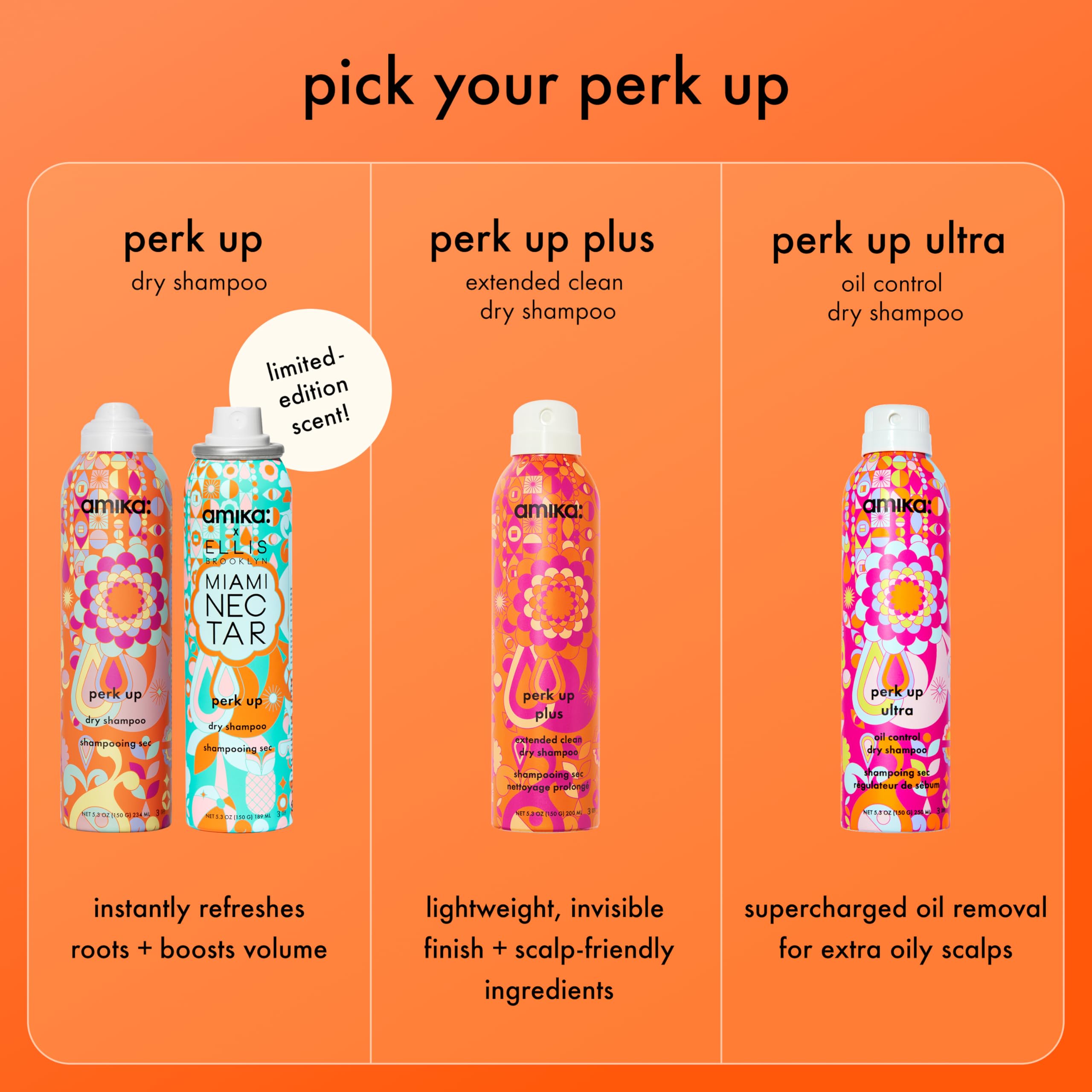 Amika Perk Up dry shampoo dries quickly for on-the-go refresh.