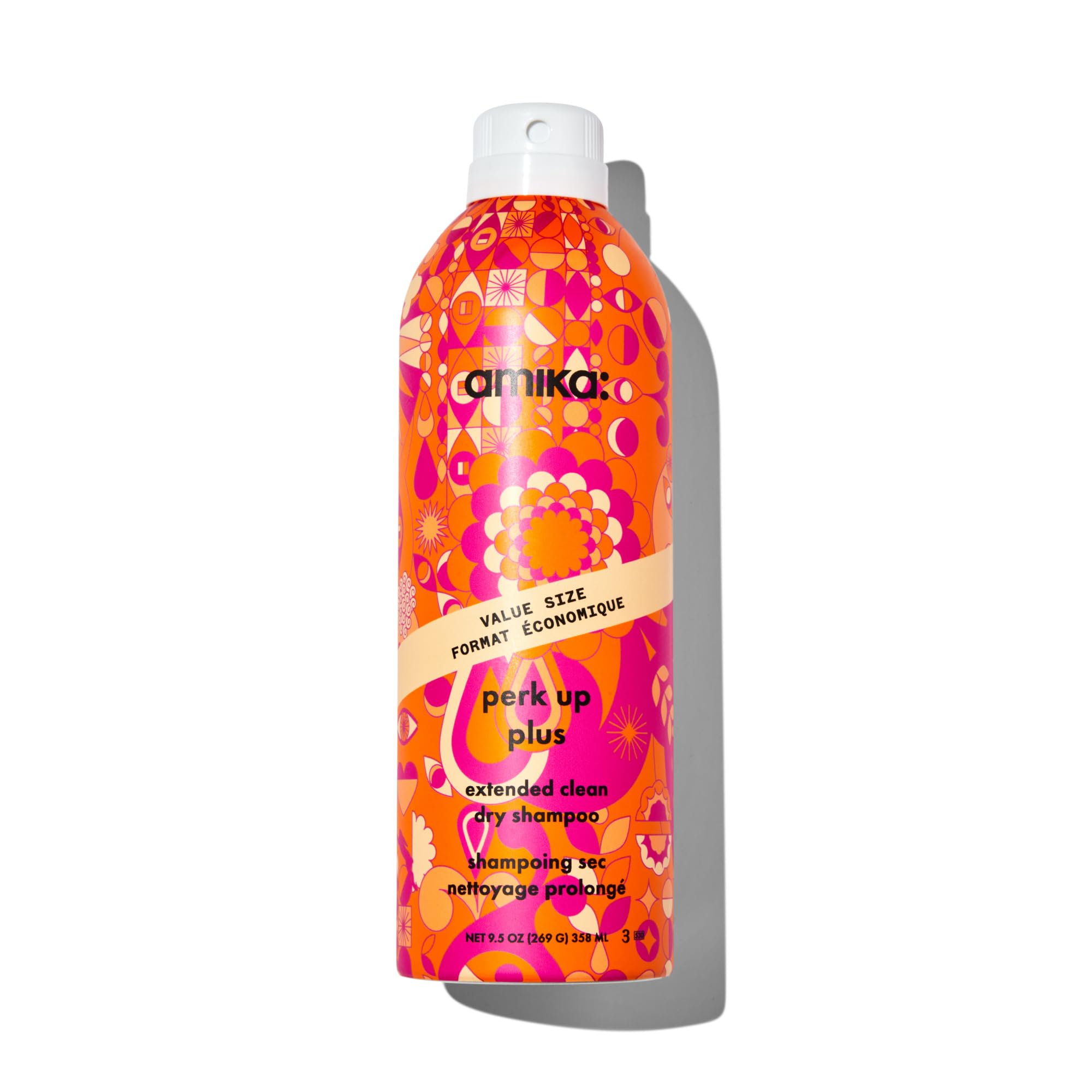 Amika Perk Up Plus dry shampoo bottle close-up refreshing roots with lightweight formula