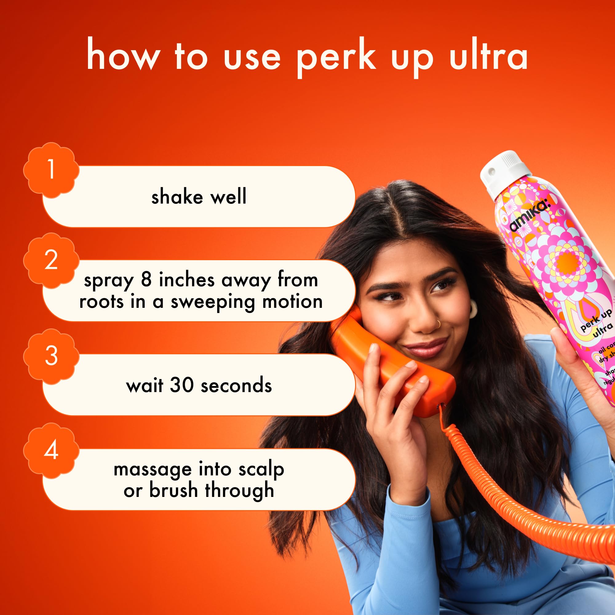 Close-up of finished look after using Amika Perk Up Ultra Dry Shampoo for a refreshed vibe.