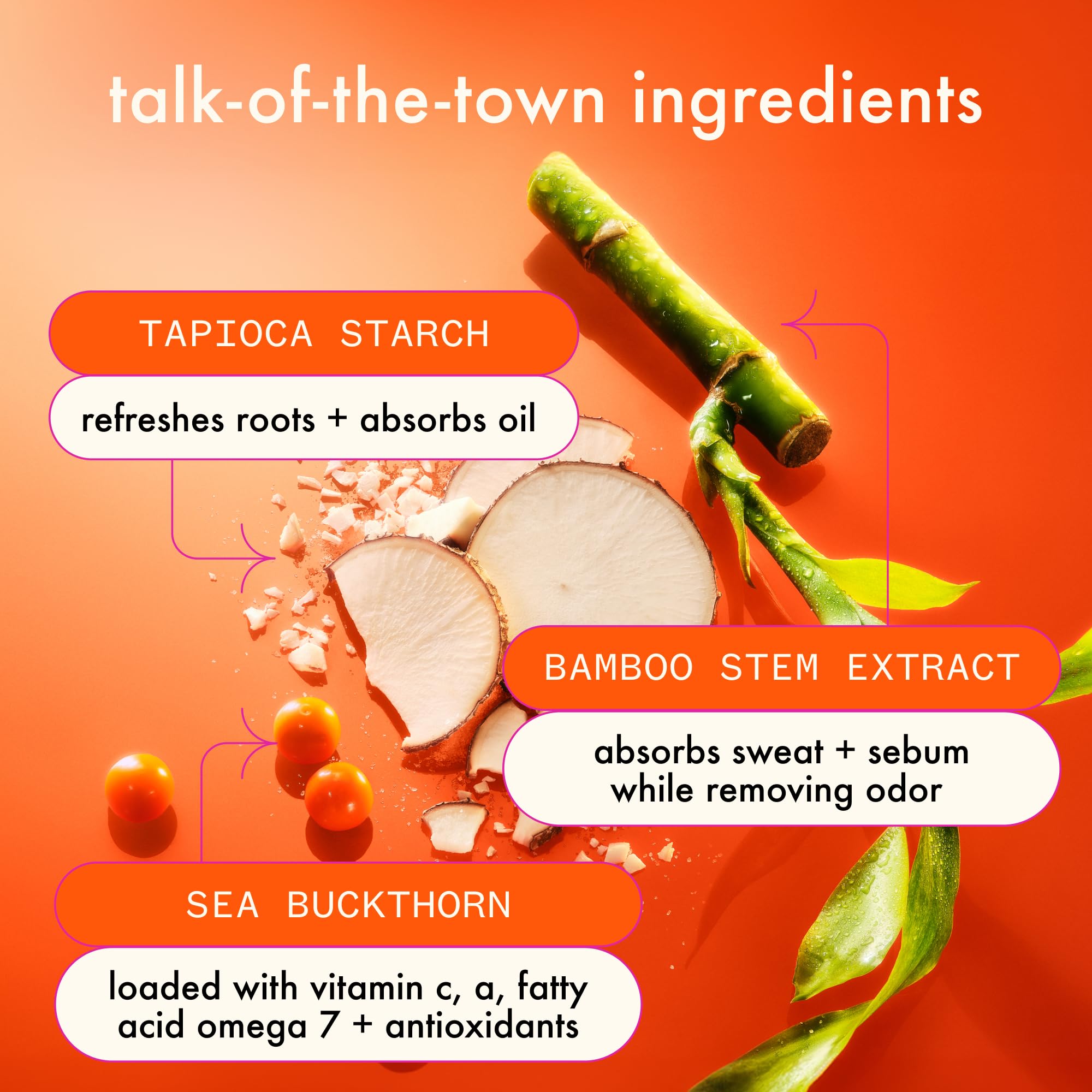 Packaging highlights tapioca starch as an oil-absorbing ingredient in Amika Perk Up Ultra Dry Shampoo.