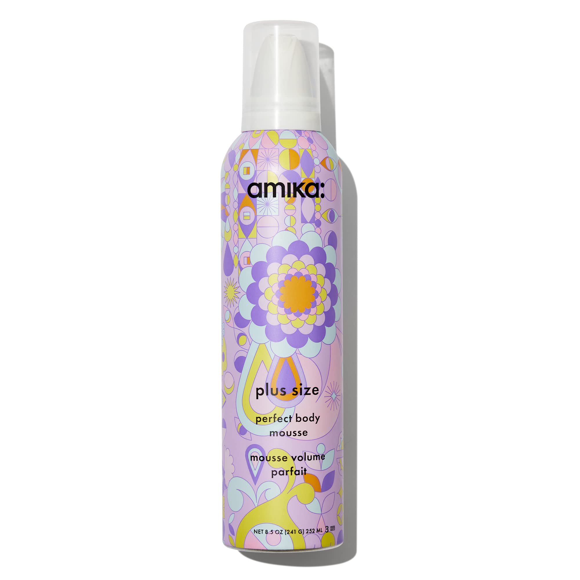 Amika Plus Size Perfect Body Hair Mousse bottle closeup showing sleek packaging for instant fullness.