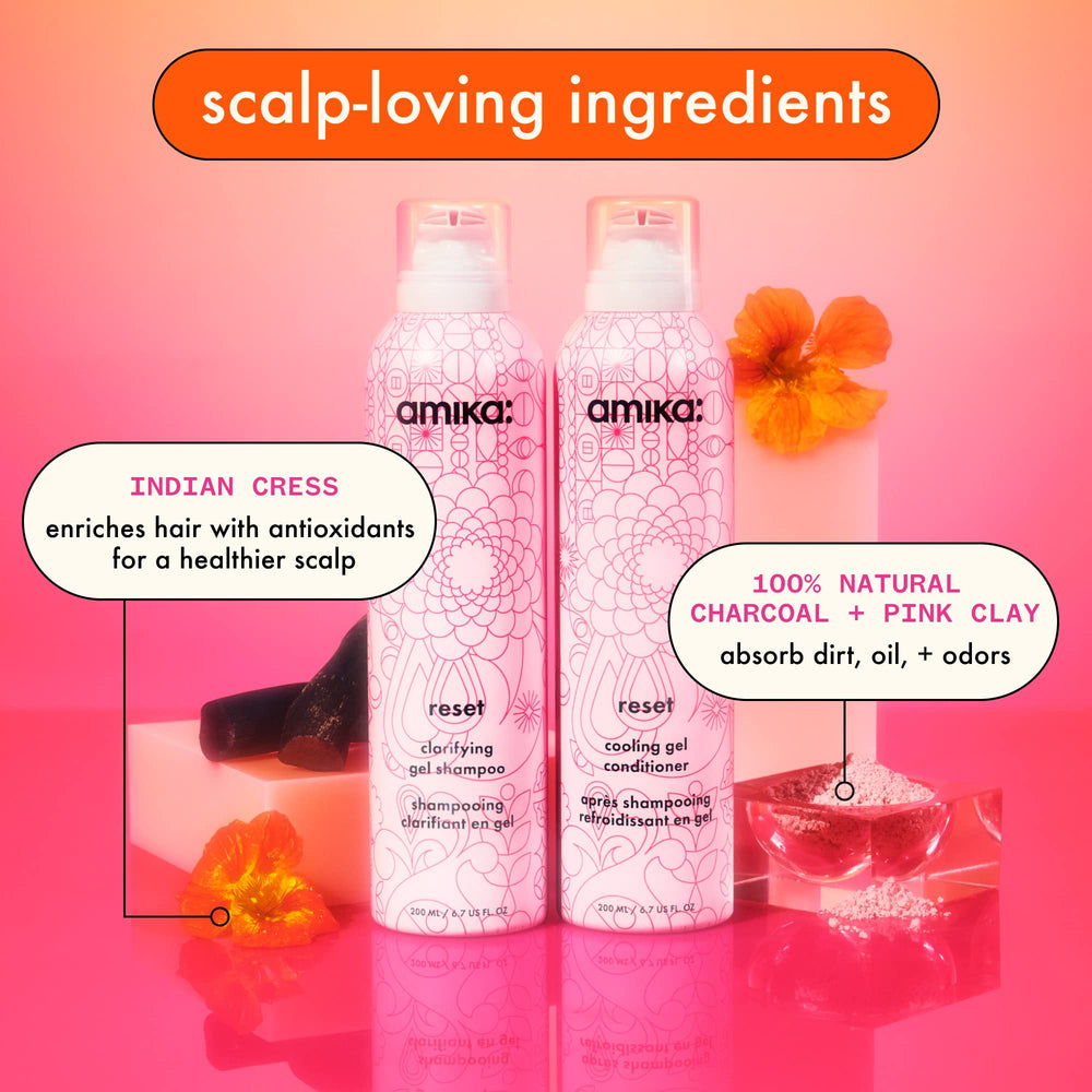 Amika Reset Clarifying Gel Shampoo bottle-application demonstrates even distribution for cleansing.