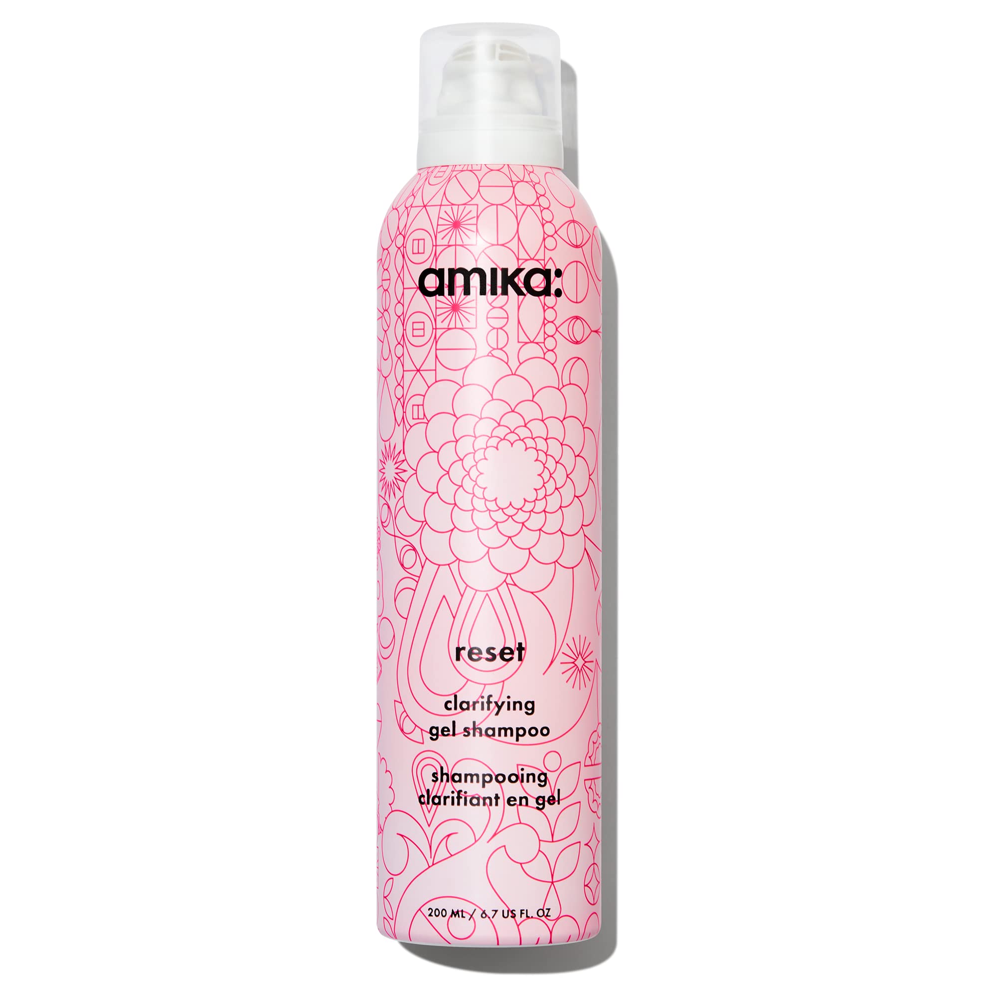 Amika Reset Clarifying Gel Shampoo bottle-foam action for deep cleansing.