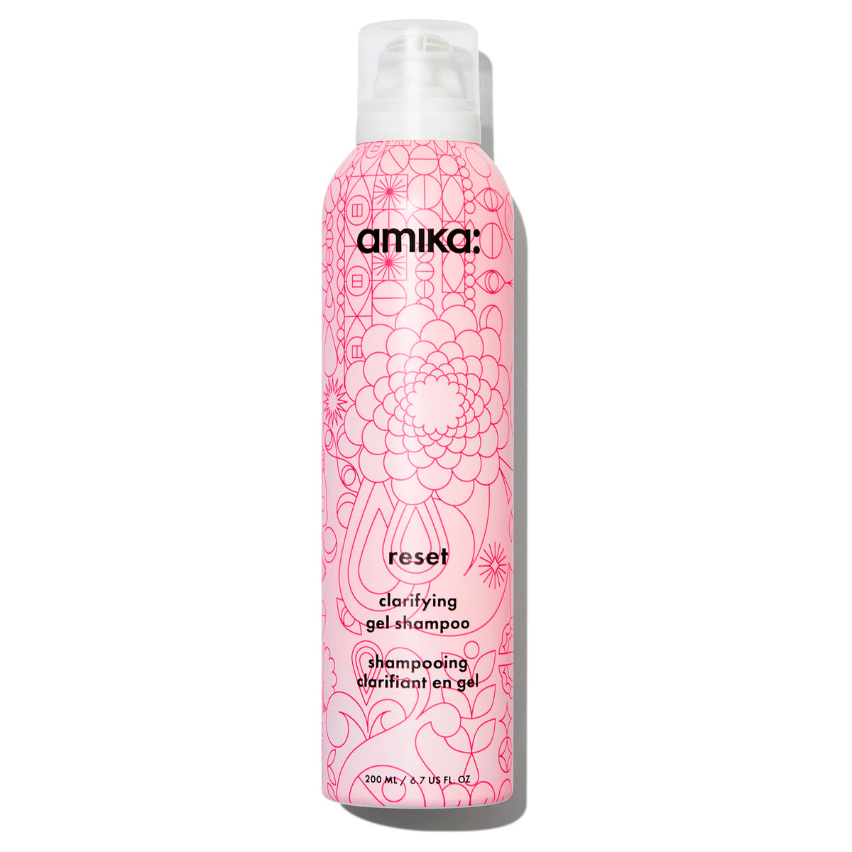 Amika Reset Clarifying Gel Shampoo bottle-foam action for deep cleansing.