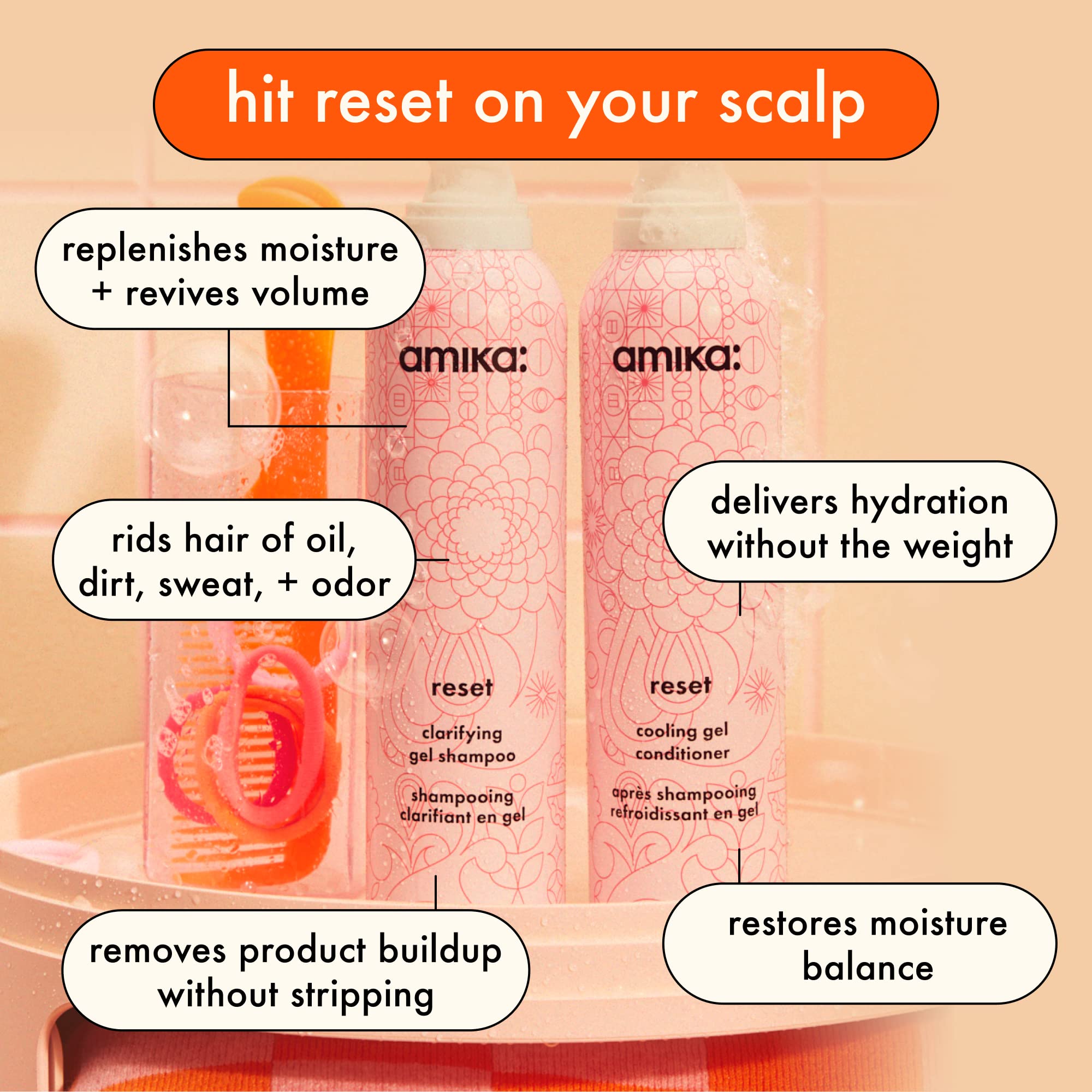 Amika Reset Clarifying Gel Shampoo foaming-lather closeup highlights impurity removal without stripping moisture.