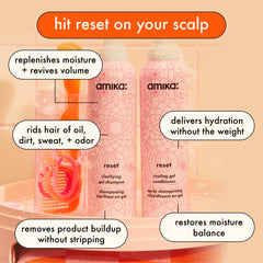 Amika Reset Clarifying Gel Shampoo foaming-lather closeup highlights impurity removal without stripping moisture.