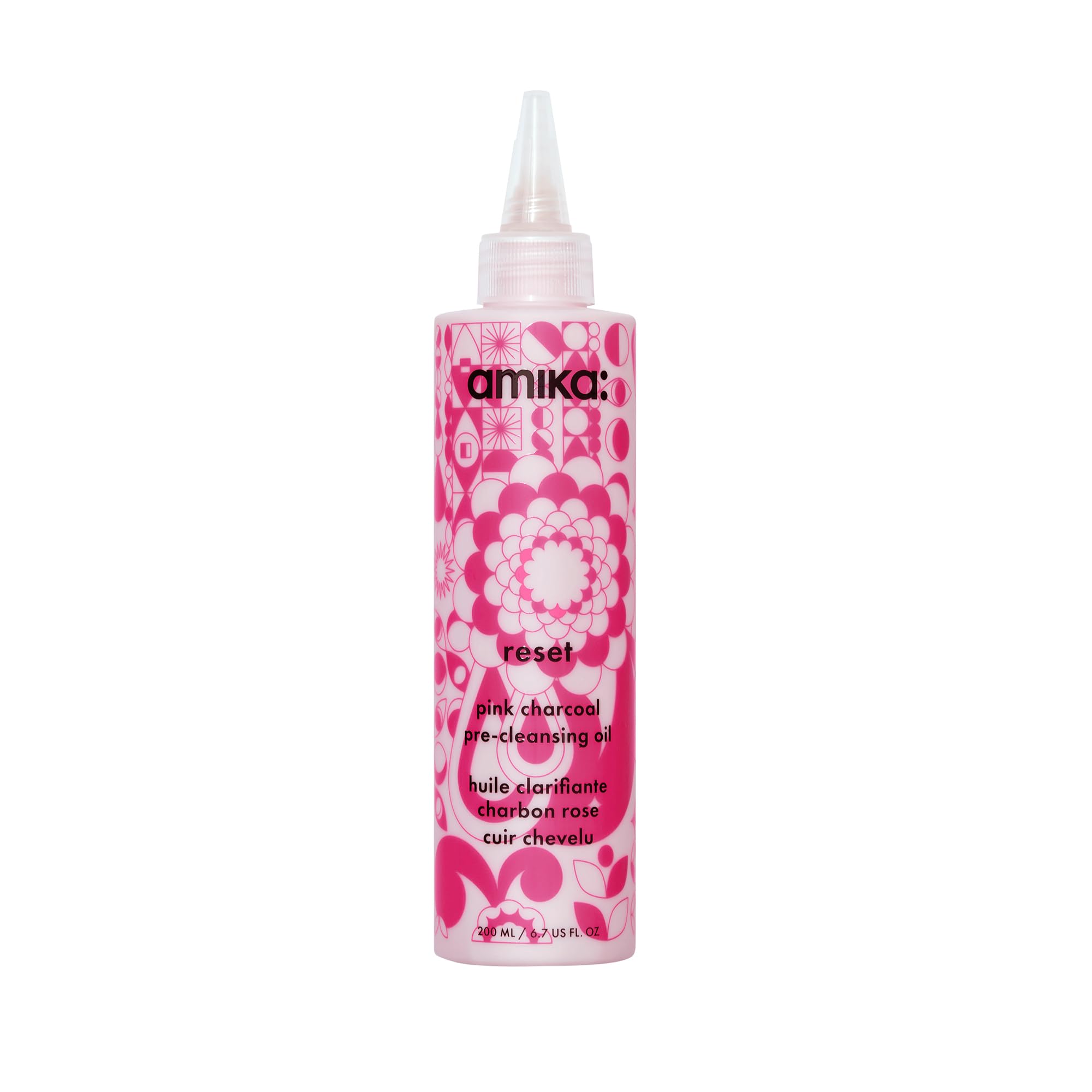 Amika Reset Pink Charcoal Scalp Cleansing Oil bottle showing purifying pre-wash action