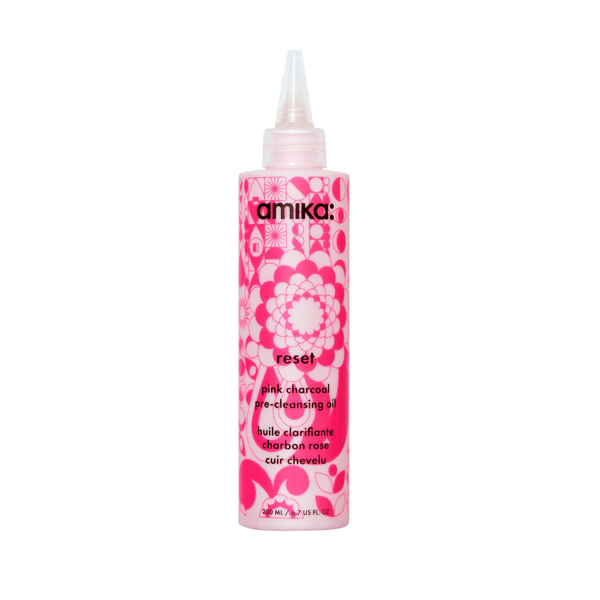 Amika Reset Pink Charcoal Scalp Cleansing Oil bottle showing purifying pre-wash action